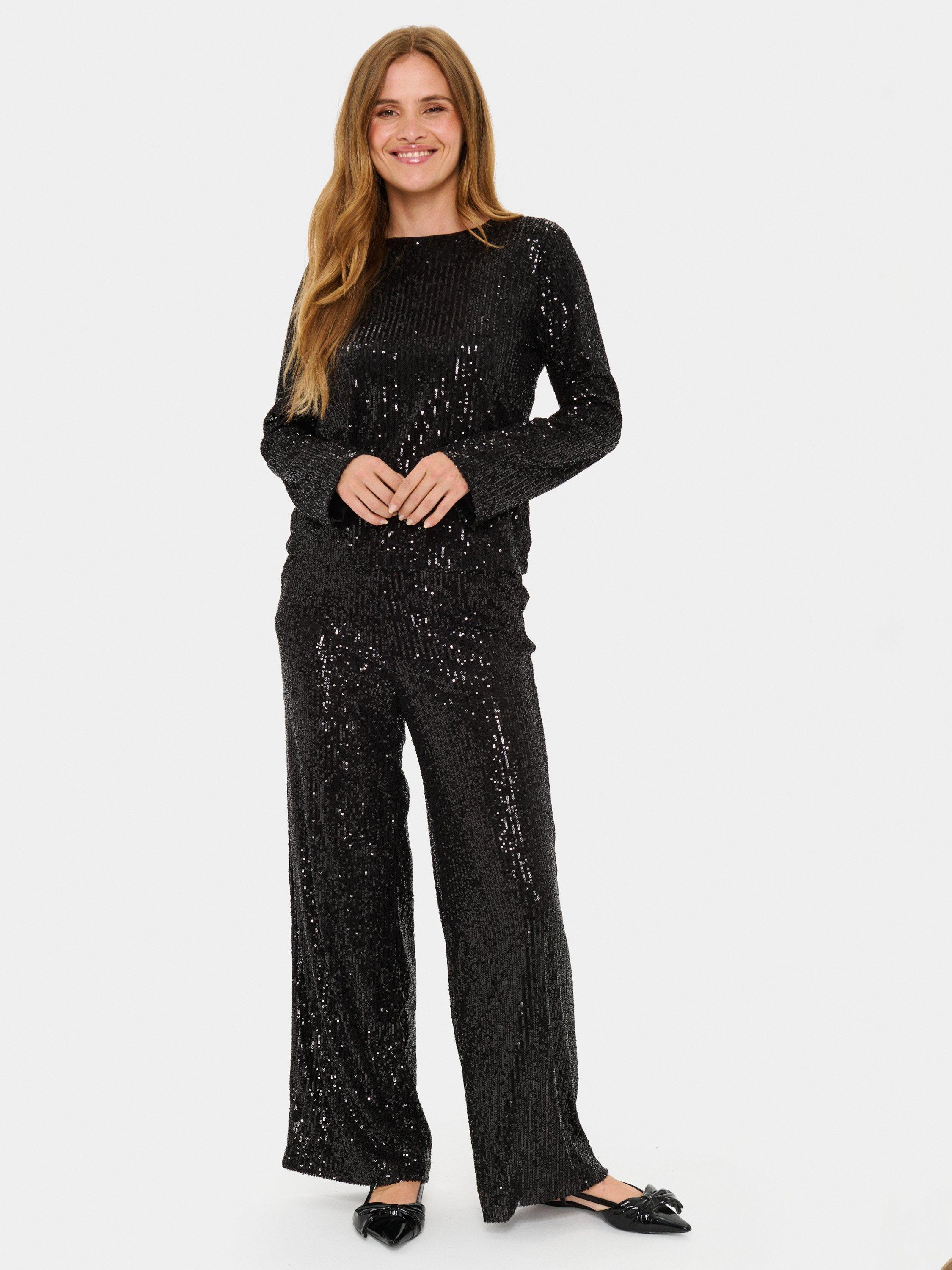 Product image 3 of 6, which shows Saint Tropez Neyana Sequin Long Sleeve Blouse, Black, XS