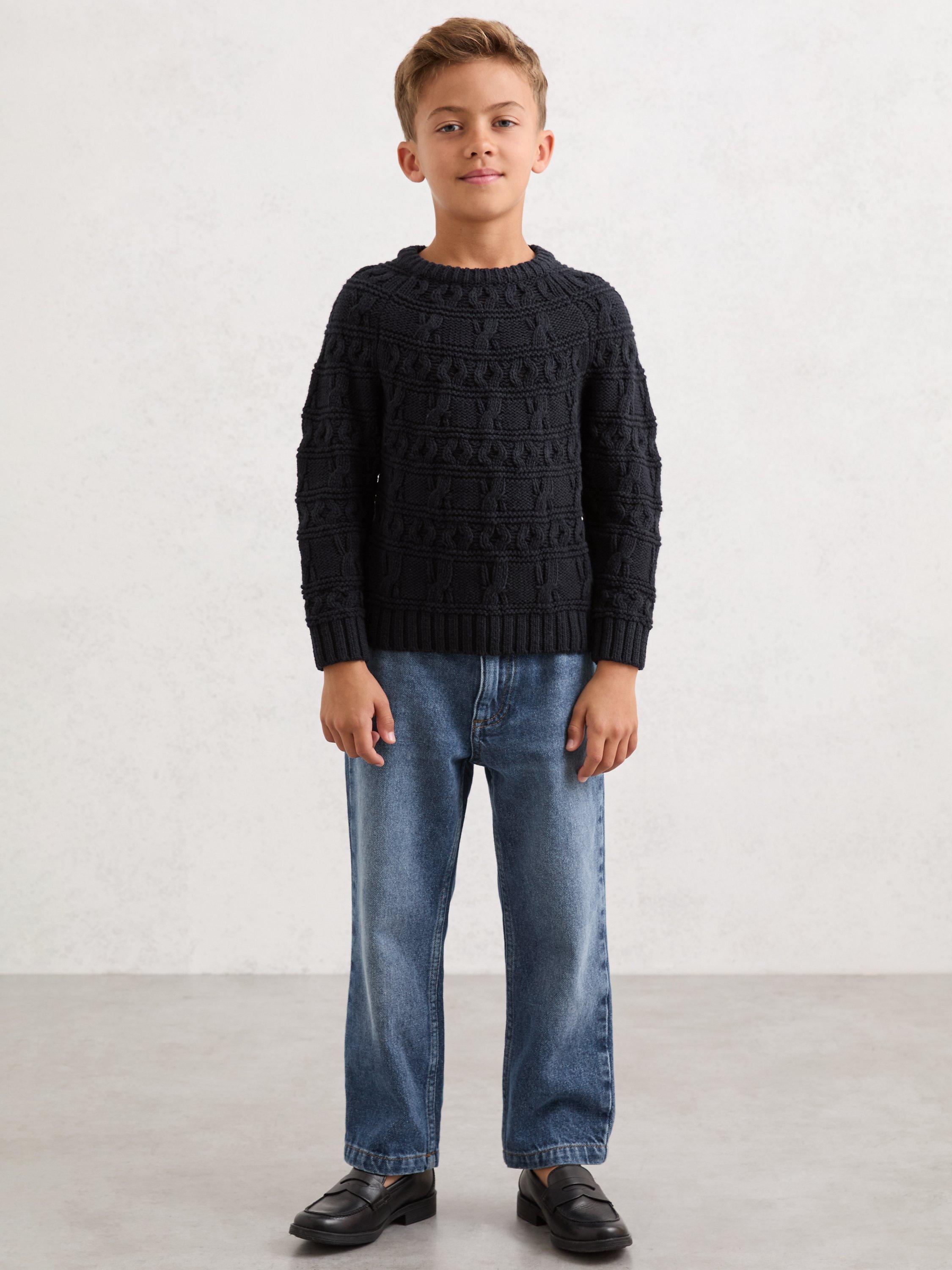 Product image 2 of 4, which shows Reiss Kids' Lark Wool Blend Cable Knit Jumper, Navy, 6-7 years