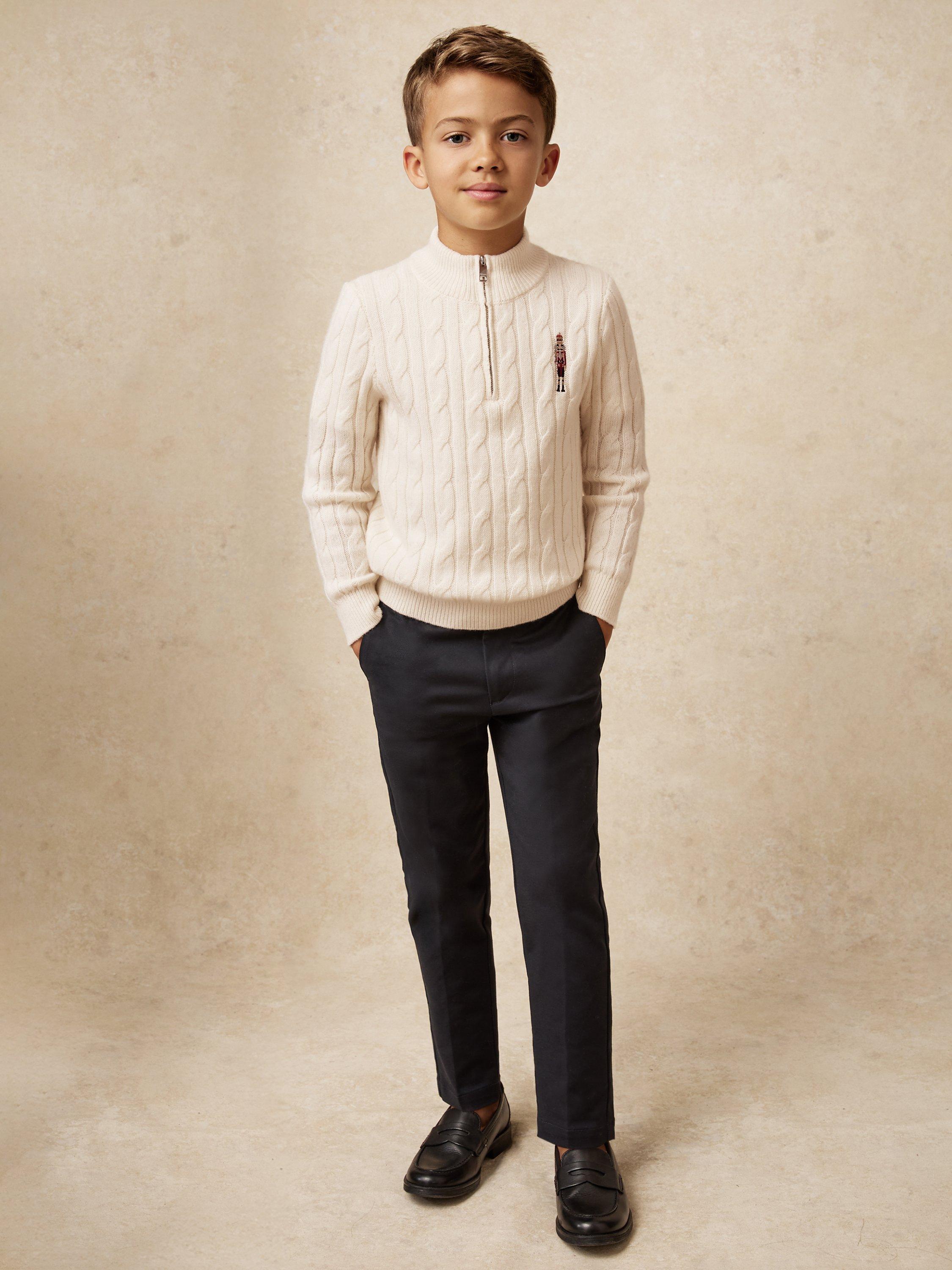 Product image 1 of 5, which shows Reiss Kids' Nollaig Wool Blend Half Zip Nutcracker Jumper, Off White, 4-5 years