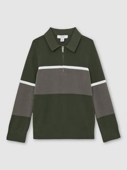 Reiss Kids' Jason Colour Block Long Sleeve Polo Shirt, Green/Grey - view 2, Green/Grey