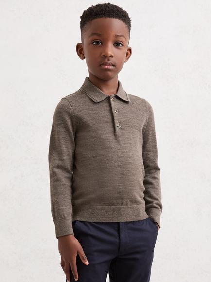 Reiss Kids' Trafford Merino Wool Long Sleeve Polo Shirt, Dark Brown Melange, Dark Brown Melange
