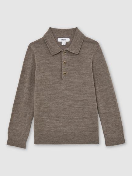 Reiss Kids' Trafford Merino Wool Long Sleeve Polo Shirt, Dark Brown Melange - view 2, Dark Brown Melange