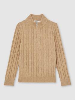 Reiss Kids' Clovelly Cable Knit Half Zip Jumper, Camel Melange