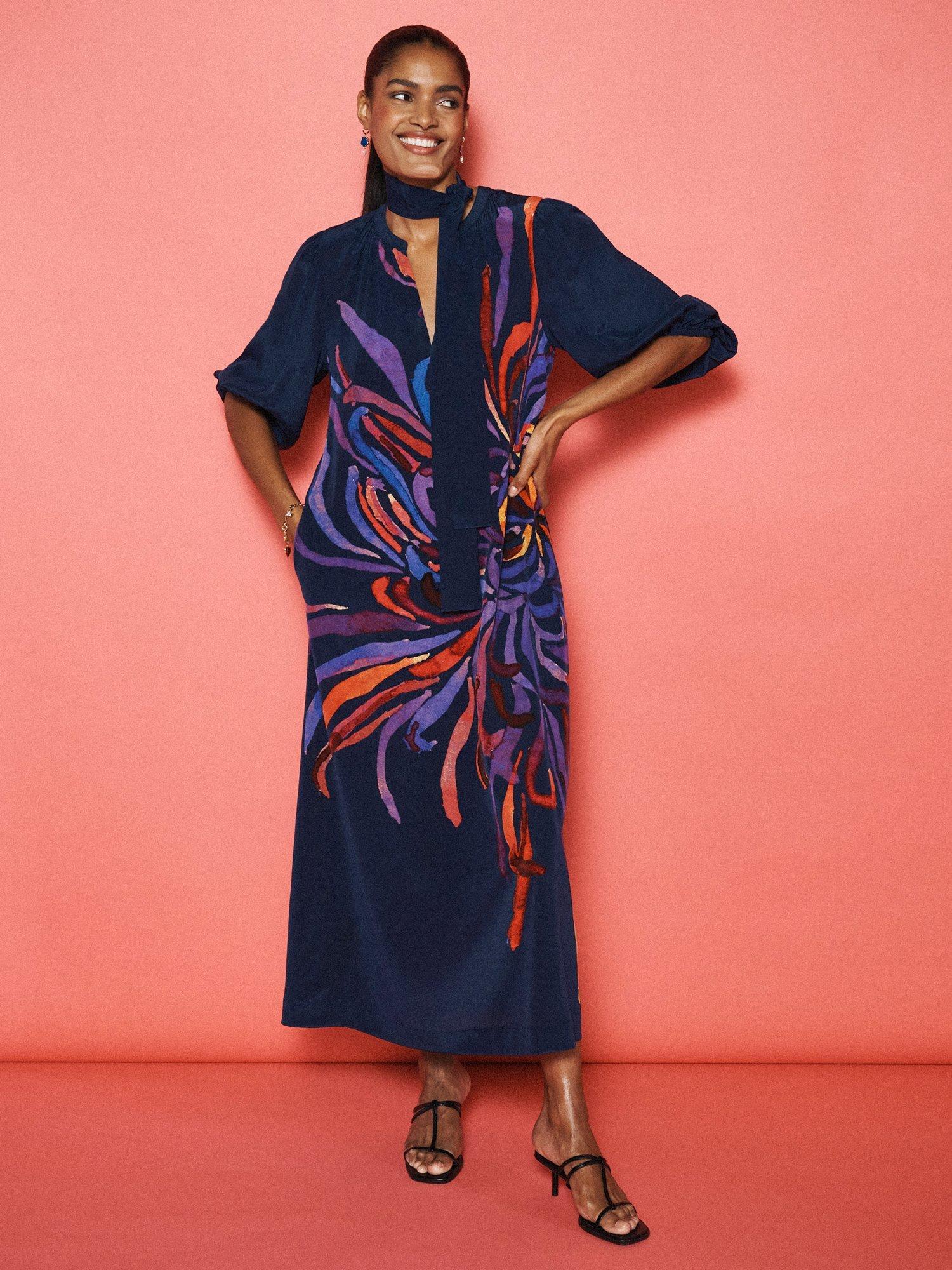 Product image 2 of 9, which shows NRBY Ines Firework Pure Silk Dress, Navy/Multi, XS