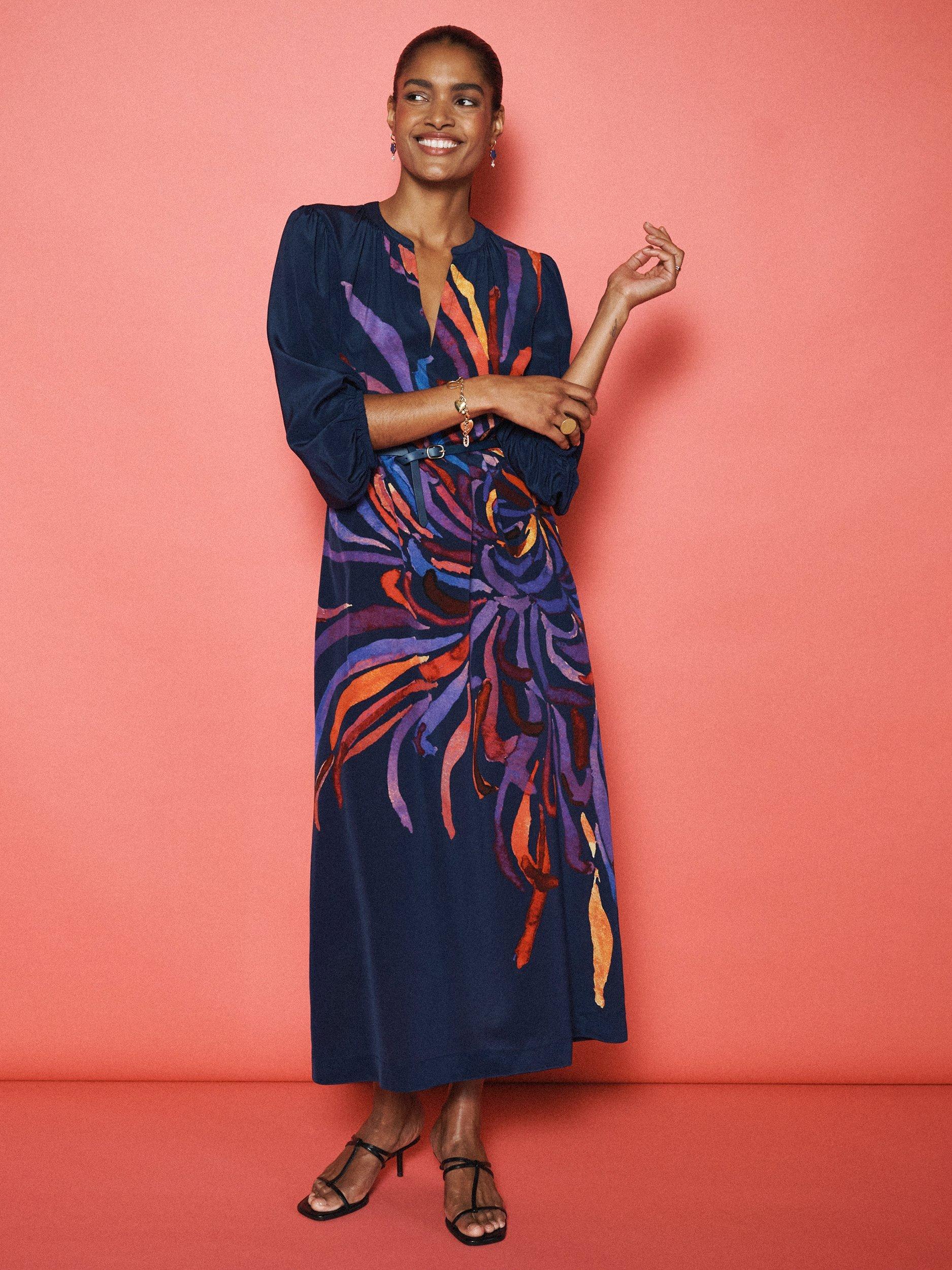Product image 8 of 9, which shows NRBY Ines Firework Pure Silk Dress, Navy/Multi, XS