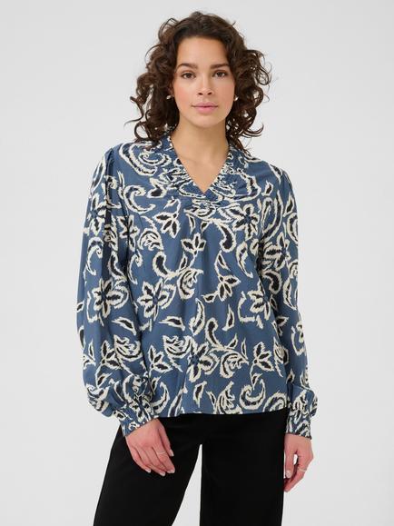KAFFE Dahlia Floral Long Sleeve V Neck Blouse, Bering Sea/White Pai