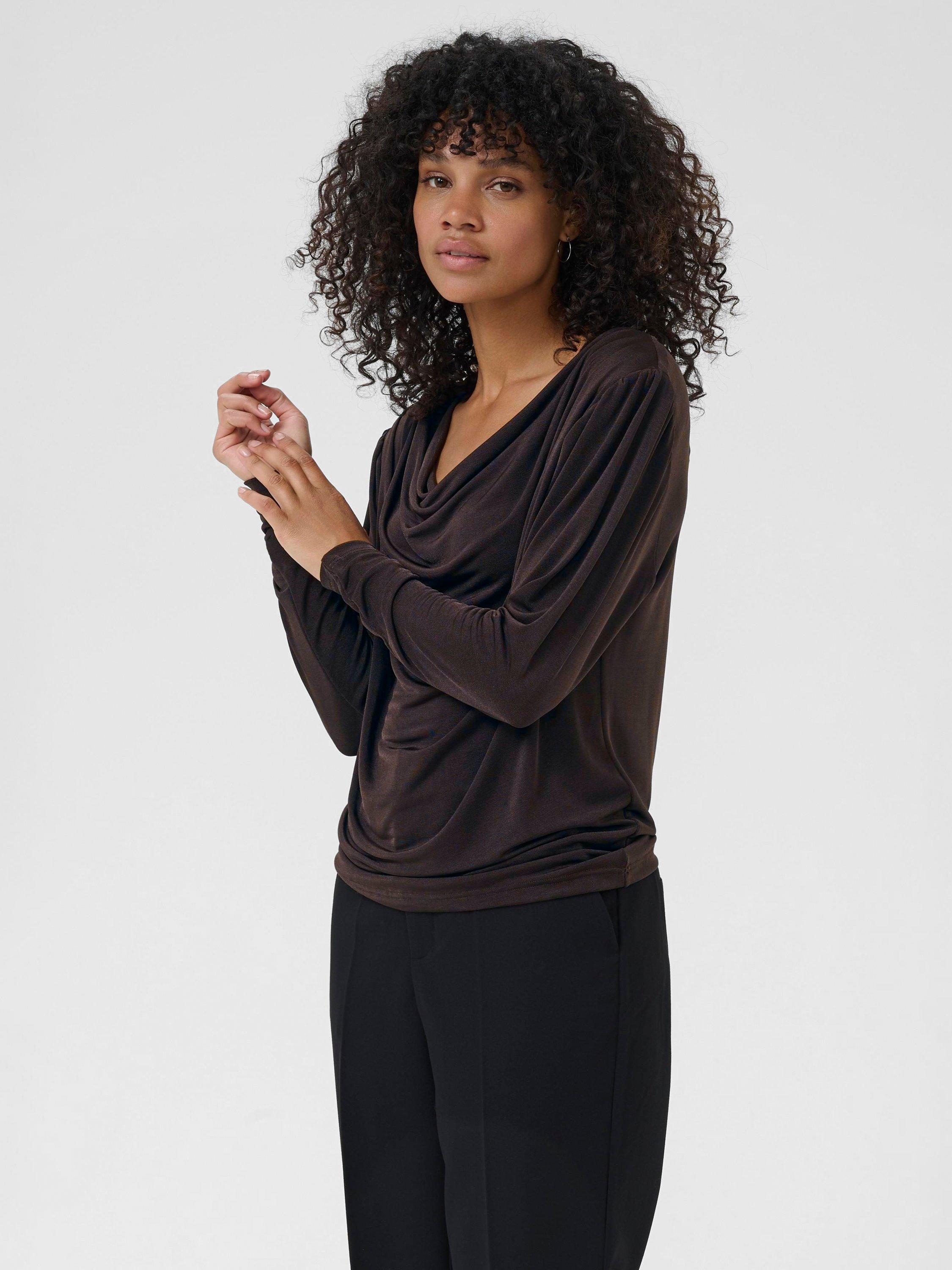 Product image 1 of 6, which shows KAFFE KAgina Cowl Neck Jersey Top, Dark Coffee, M
