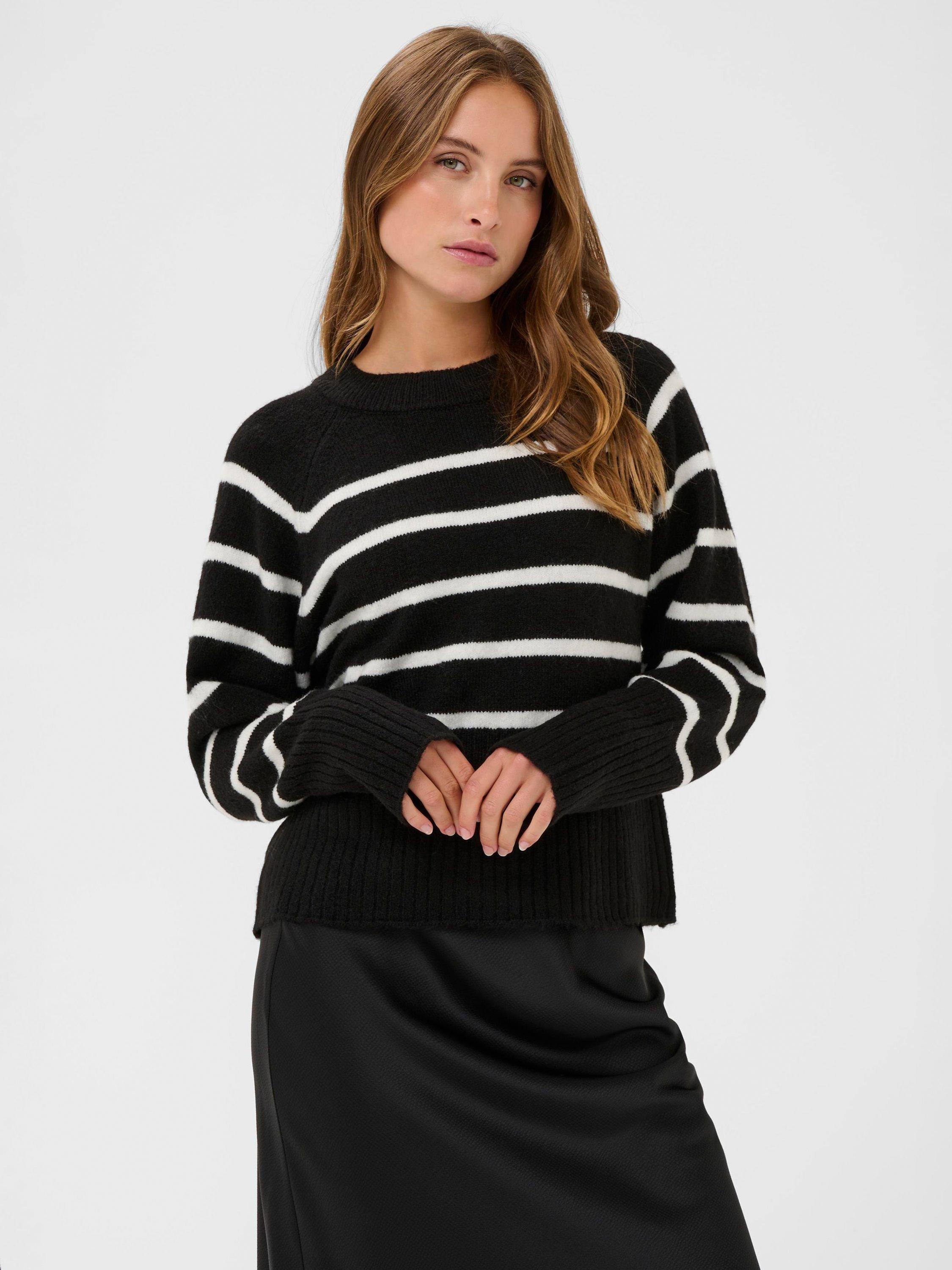 Product image 1 of 6, which shows KAFFE Erin Stripe Jumper, Black/Chalk, XS