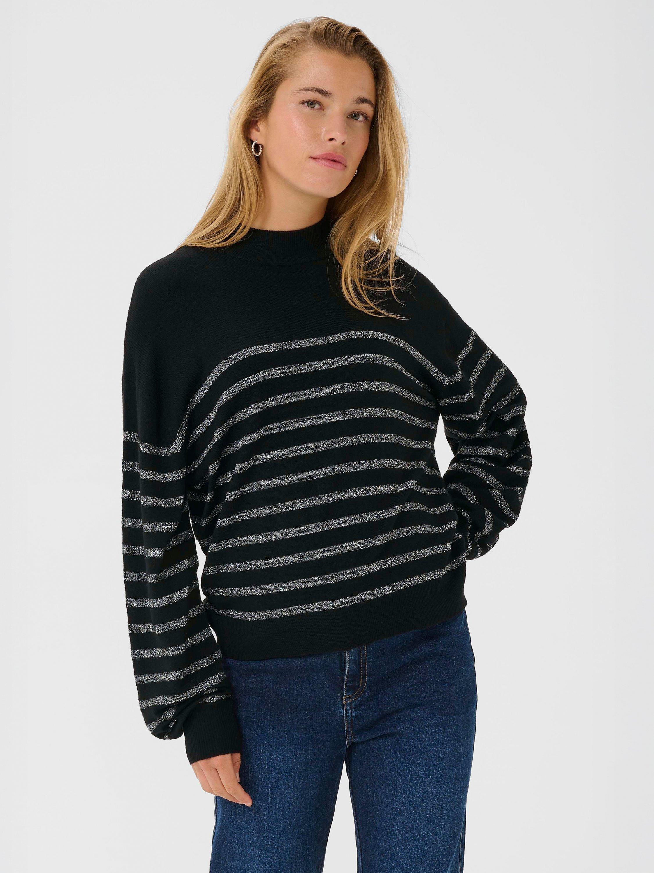 Product image 1 of 6, which shows KAFFE Lizz Stripe High Neck Jumper, Black/Silver, M