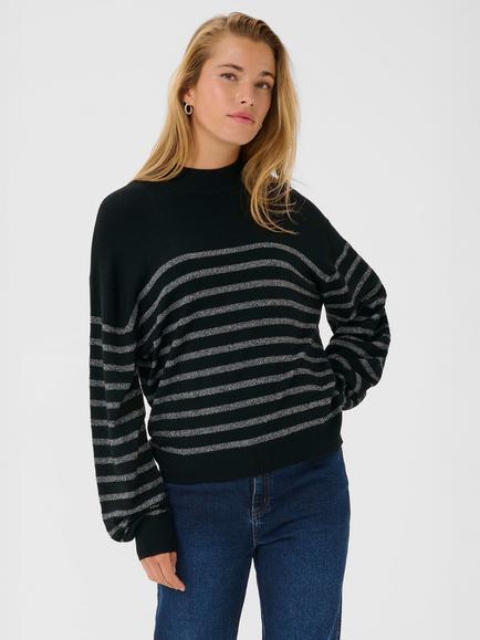 KAFFE Lizz Stripe High Neck Jumper, Black/Silver