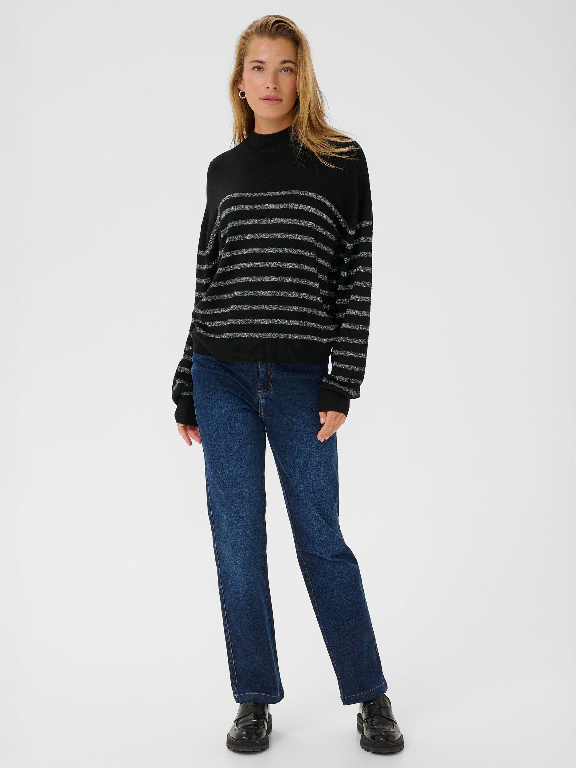 Product image 3 of 6, which shows KAFFE Lizz Stripe High Neck Jumper, Black/Silver, M