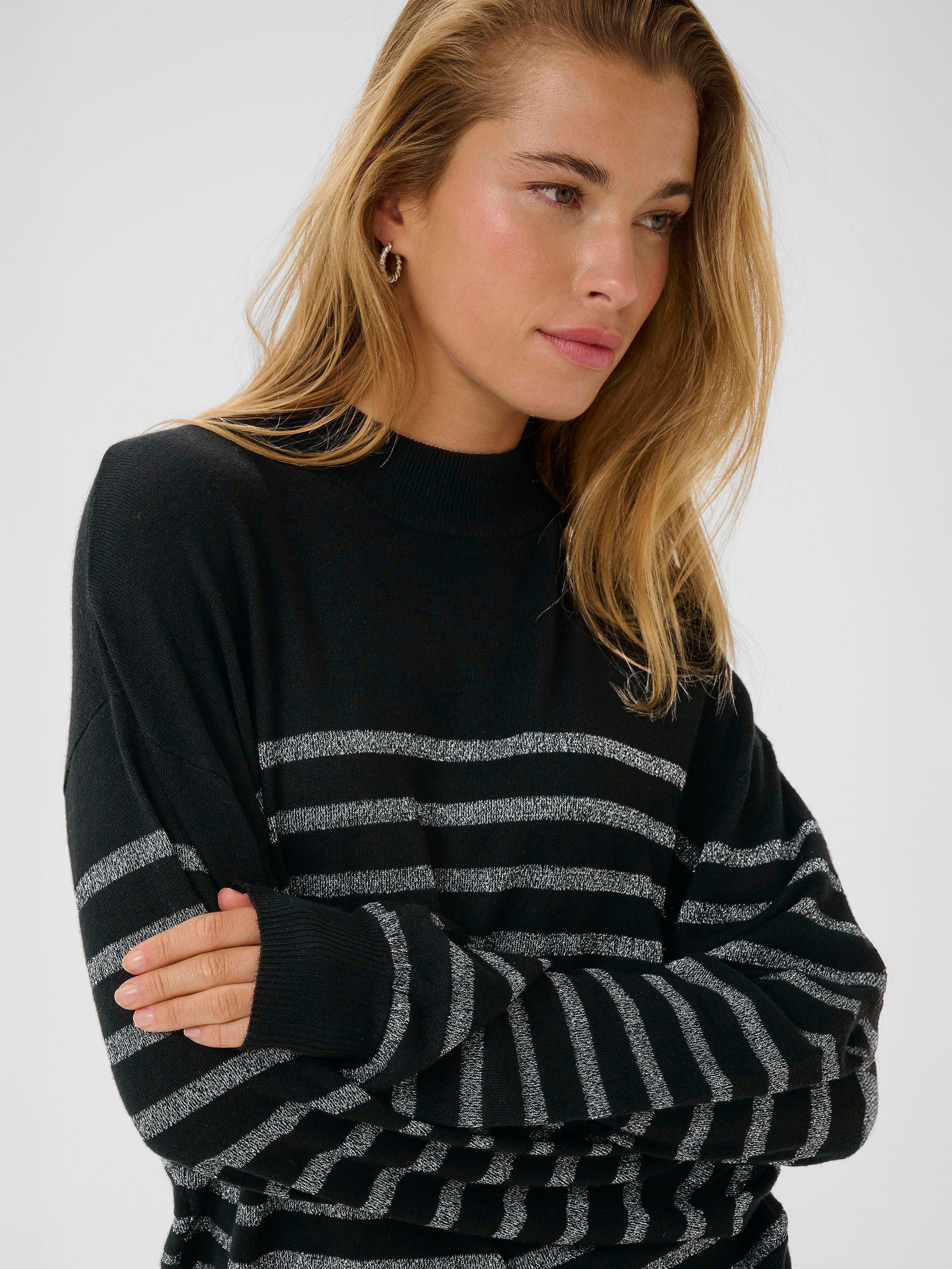 Product image 4 of 6, which shows KAFFE Lizz Stripe High Neck Jumper, Black/Silver, M