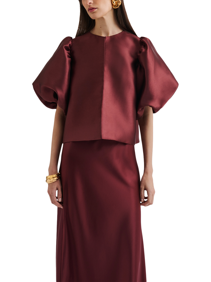 Product image 1 of 5, which shows Malina Cleo Puff Sleeve Top, Wine, XS
