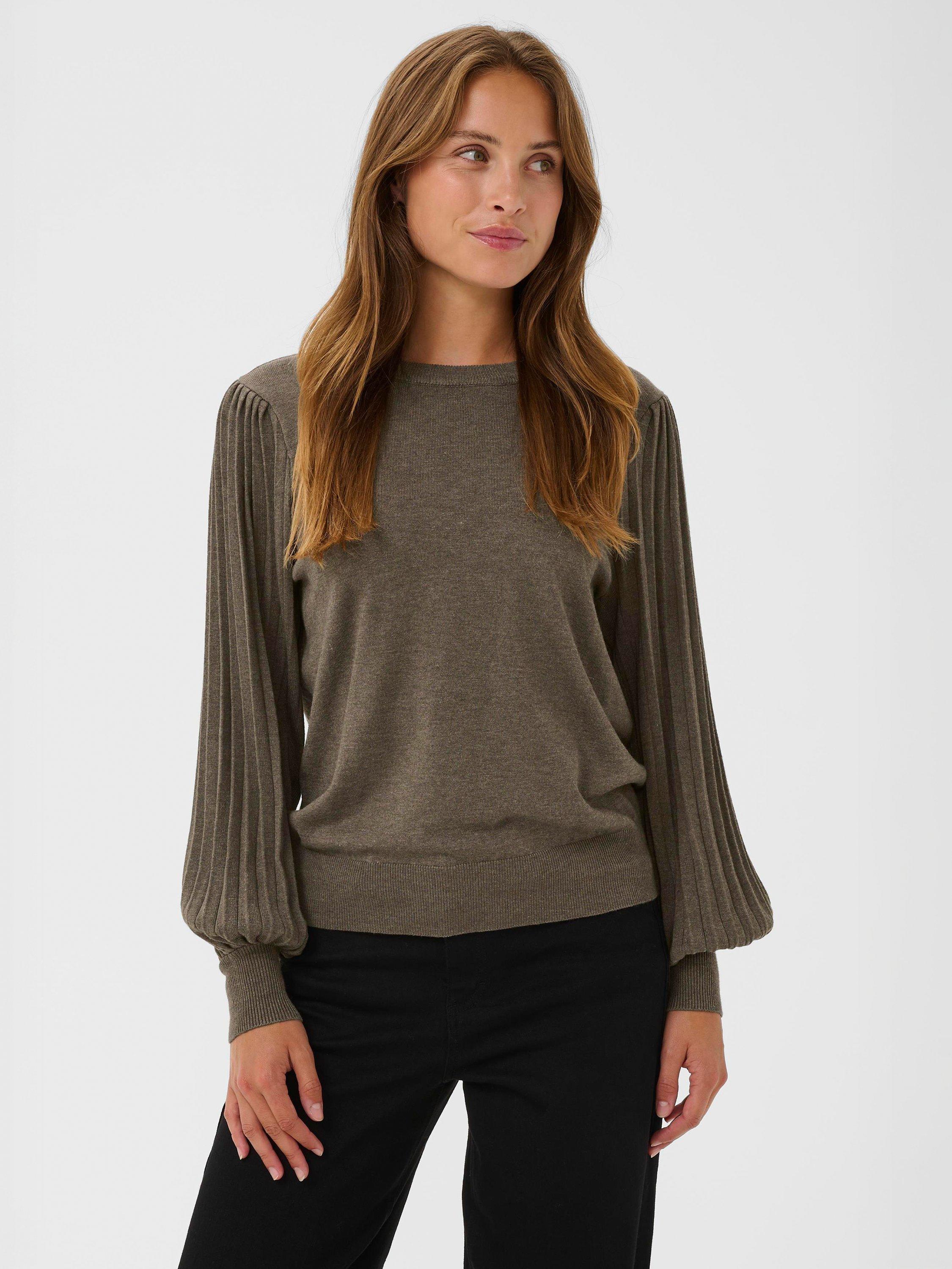 Product image 1 of 6, which shows KAFFE Lone Crew Neck Long Sleeve Knit Pullover , Morel Melange, XS