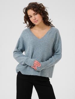 KAFFE Niel Wool Blend V Neck Jumper, Windward Blue Melange