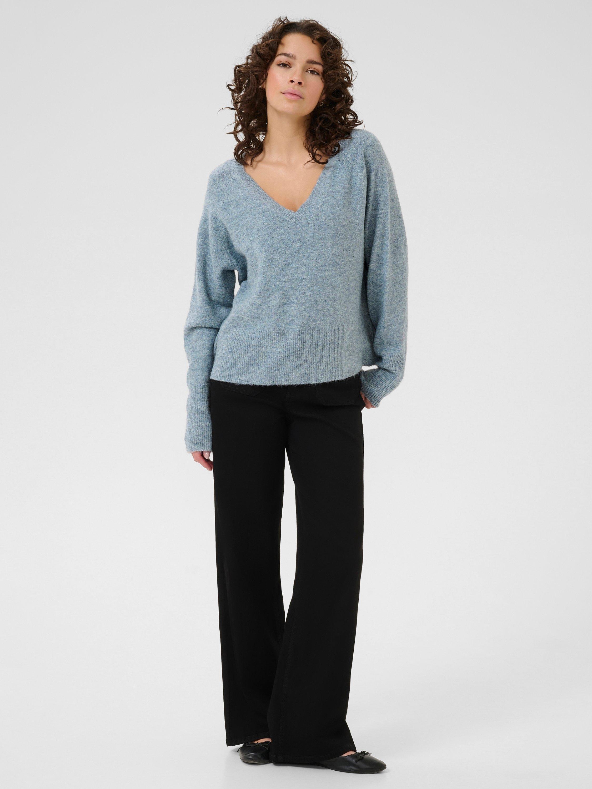 Product image 3 of 6, which shows KAFFE Niel Wool Blend V Neck Jumper, Windward Blue Melange, XS