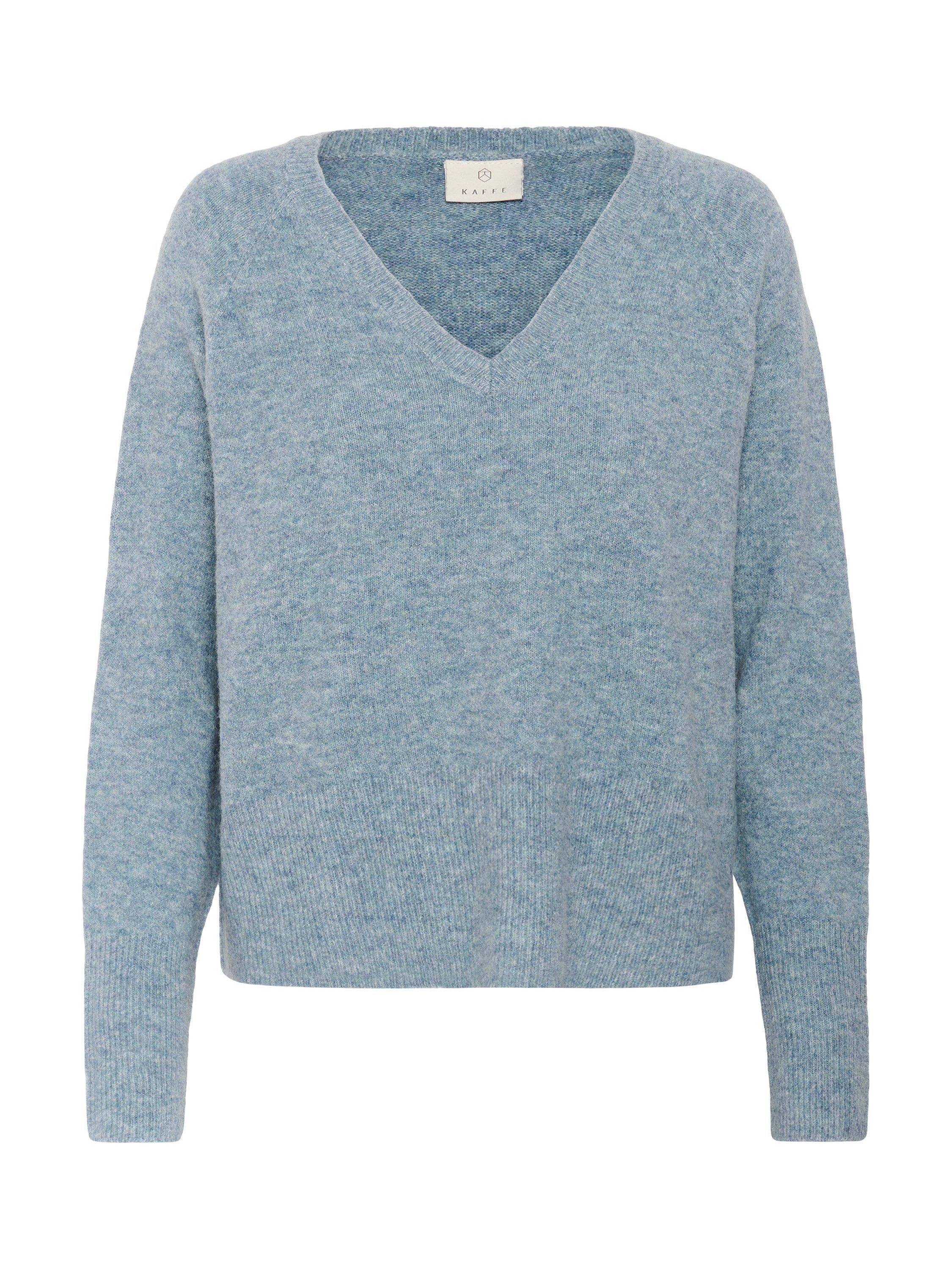 Product image 5 of 6, which shows KAFFE Niel Wool Blend V Neck Jumper, Windward Blue Melange, XS
