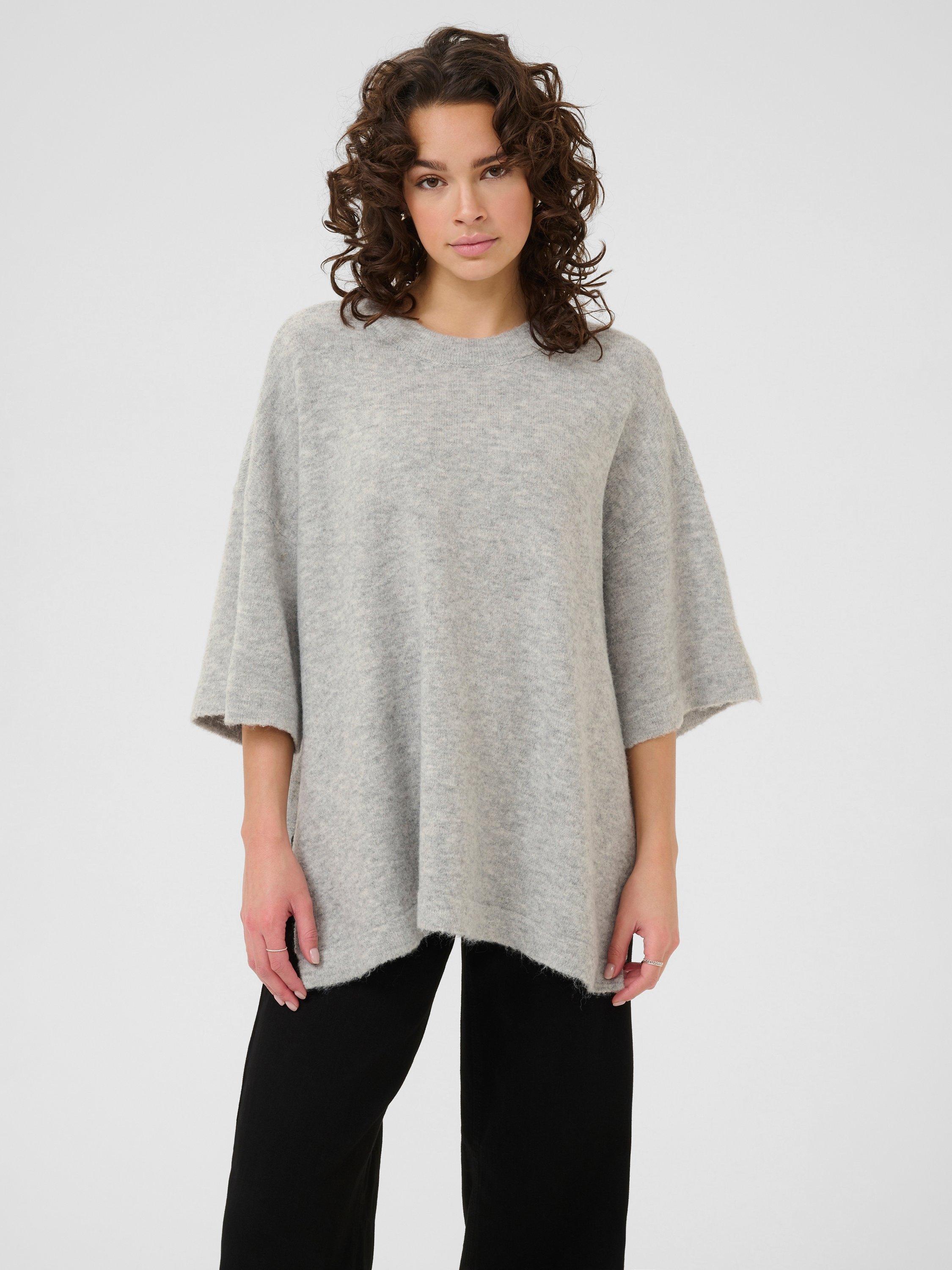 Product image 1 of 6, which shows KAFFE Niel Wool Blend Three Quarter Sleeves Crew Neck Jumper, Light Grey Melange, XS