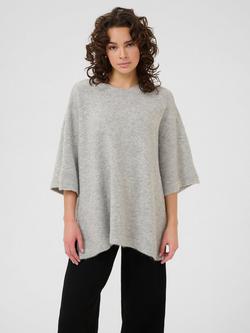 KAFFE Niel Wool Blend Three Quarter Sleeves Crew Neck Jumper, Light Grey Melange
