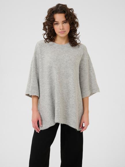 KAFFE Niel Wool Blend Three Quarter Sleeves Crew Neck Jumper, Light Grey Melange