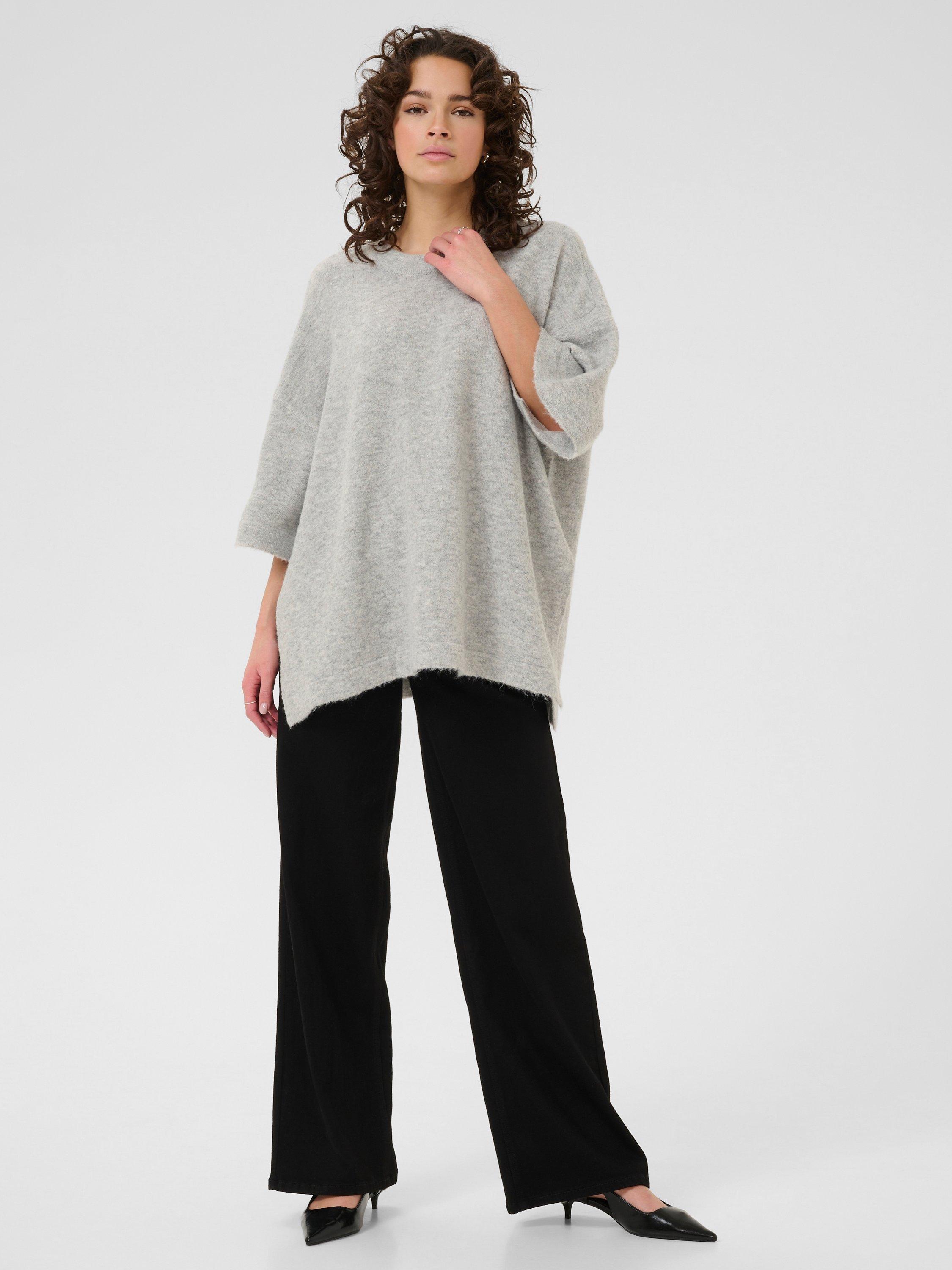 Product image 3 of 6, which shows KAFFE Niel Wool Blend Three Quarter Sleeves Crew Neck Jumper, Light Grey Melange, XS