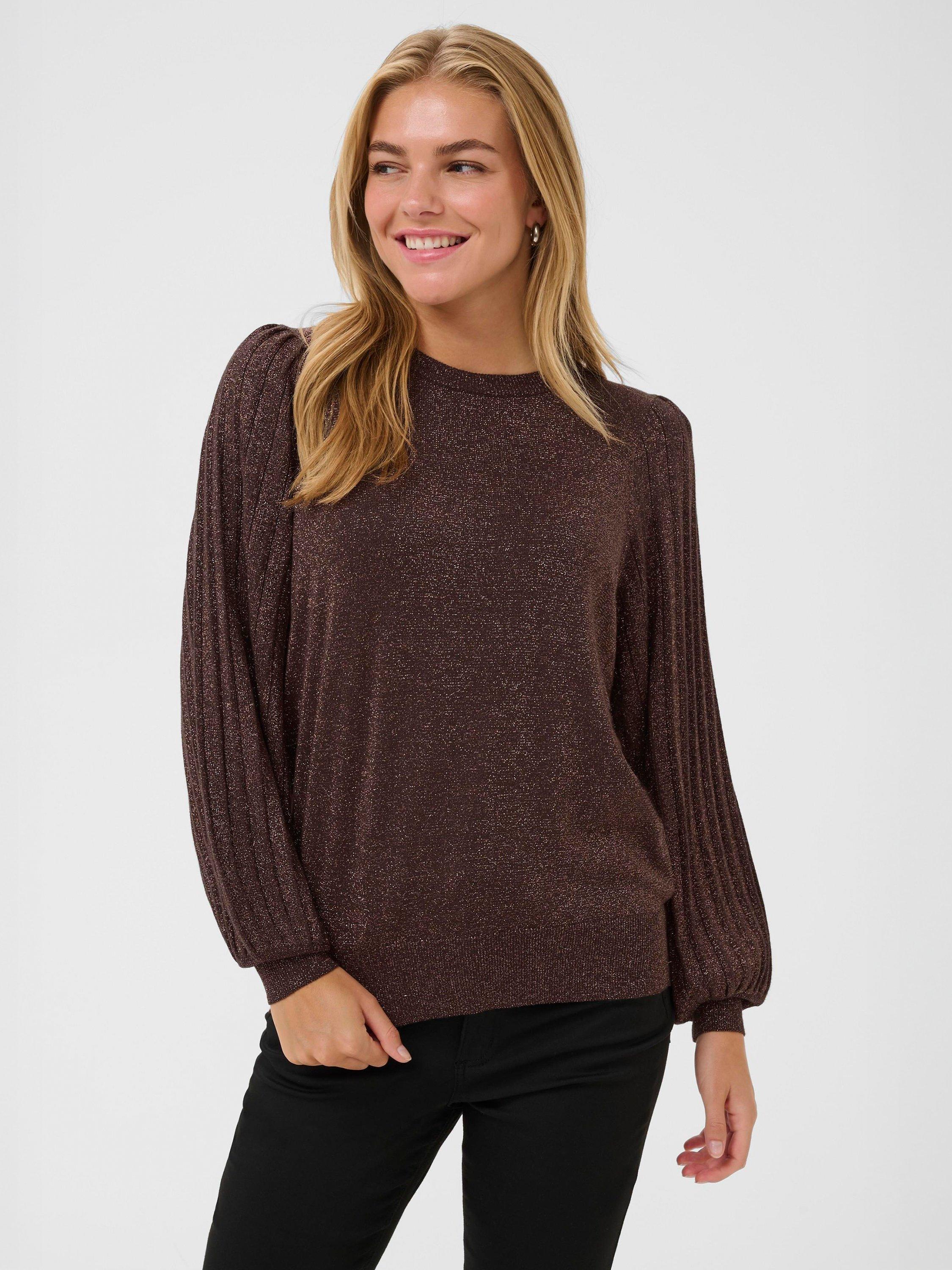 Product image 1 of 5, which shows KAFFE Regina Metallic Puff Sleeve Crew Neck Jumper, Dark Coffee, XS