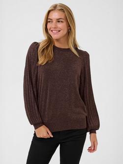 KAFFE Regina Metallic Puff Sleeve Crew Neck Jumper, Dark Coffee