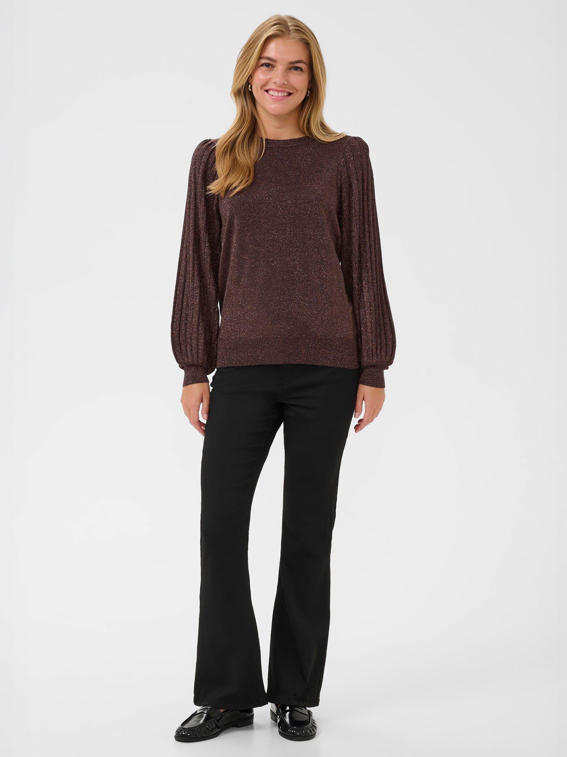 Product image 2 of 5, which shows KAFFE Regina Metallic Puff Sleeve Crew Neck Jumper, Dark Coffee, XS