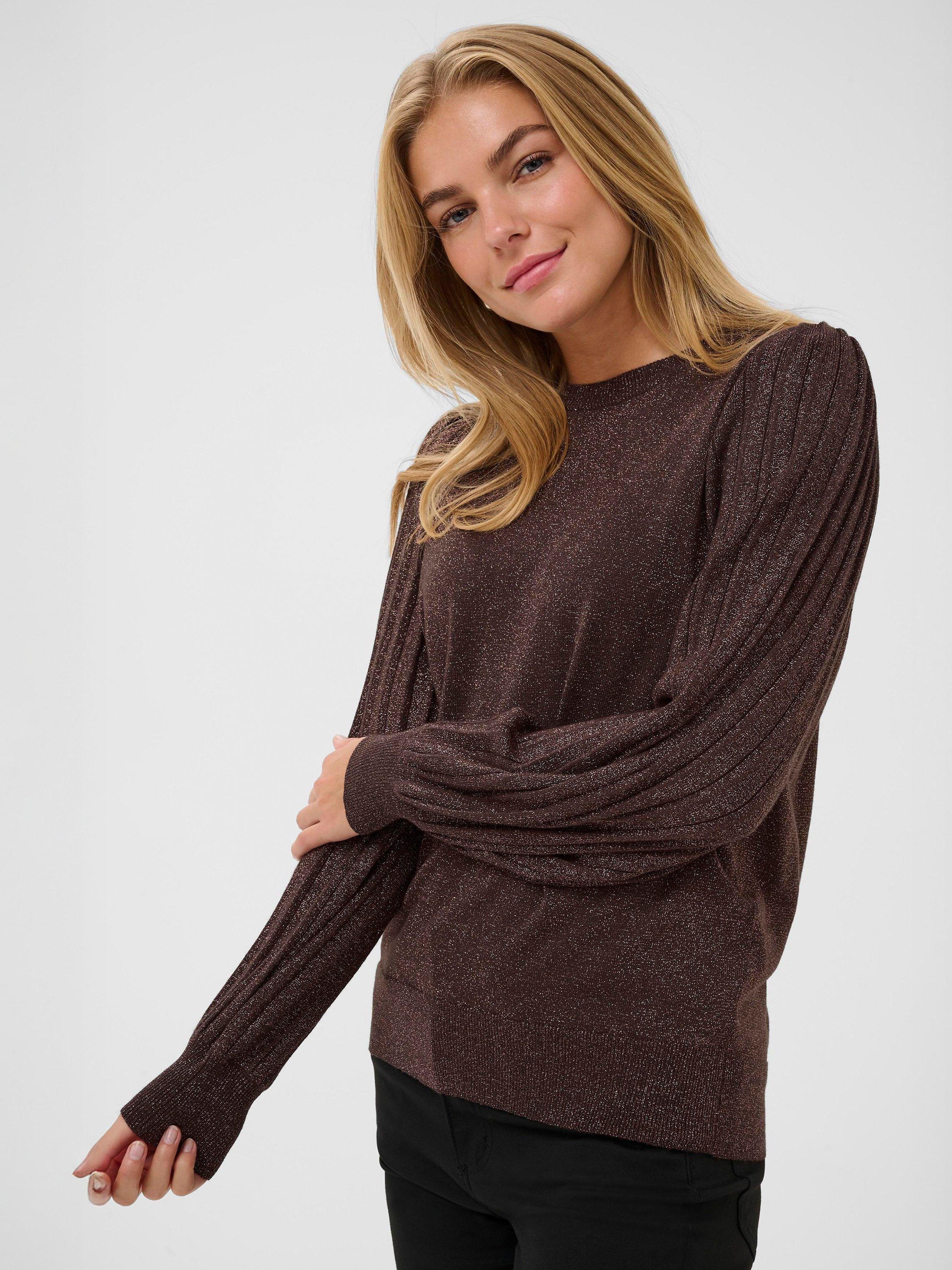 Product image 3 of 5, which shows KAFFE Regina Metallic Puff Sleeve Crew Neck Jumper, Dark Coffee, XS