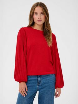 KAFFE Regina Metallic Puff Sleeve Crew Neck Jumper, Haute Red