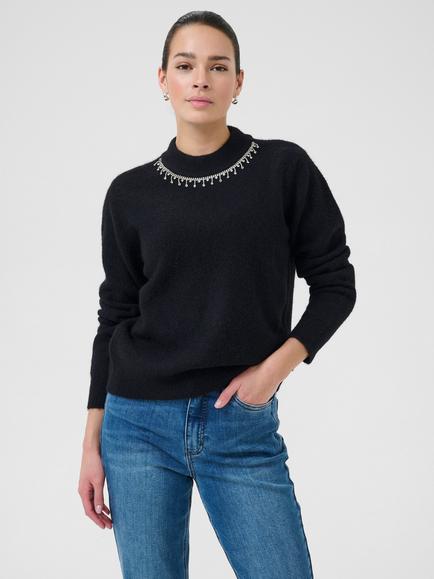 KAFFE KAroxy Embellished Trim High Neck Jumper, Deep Black, Deep Black
