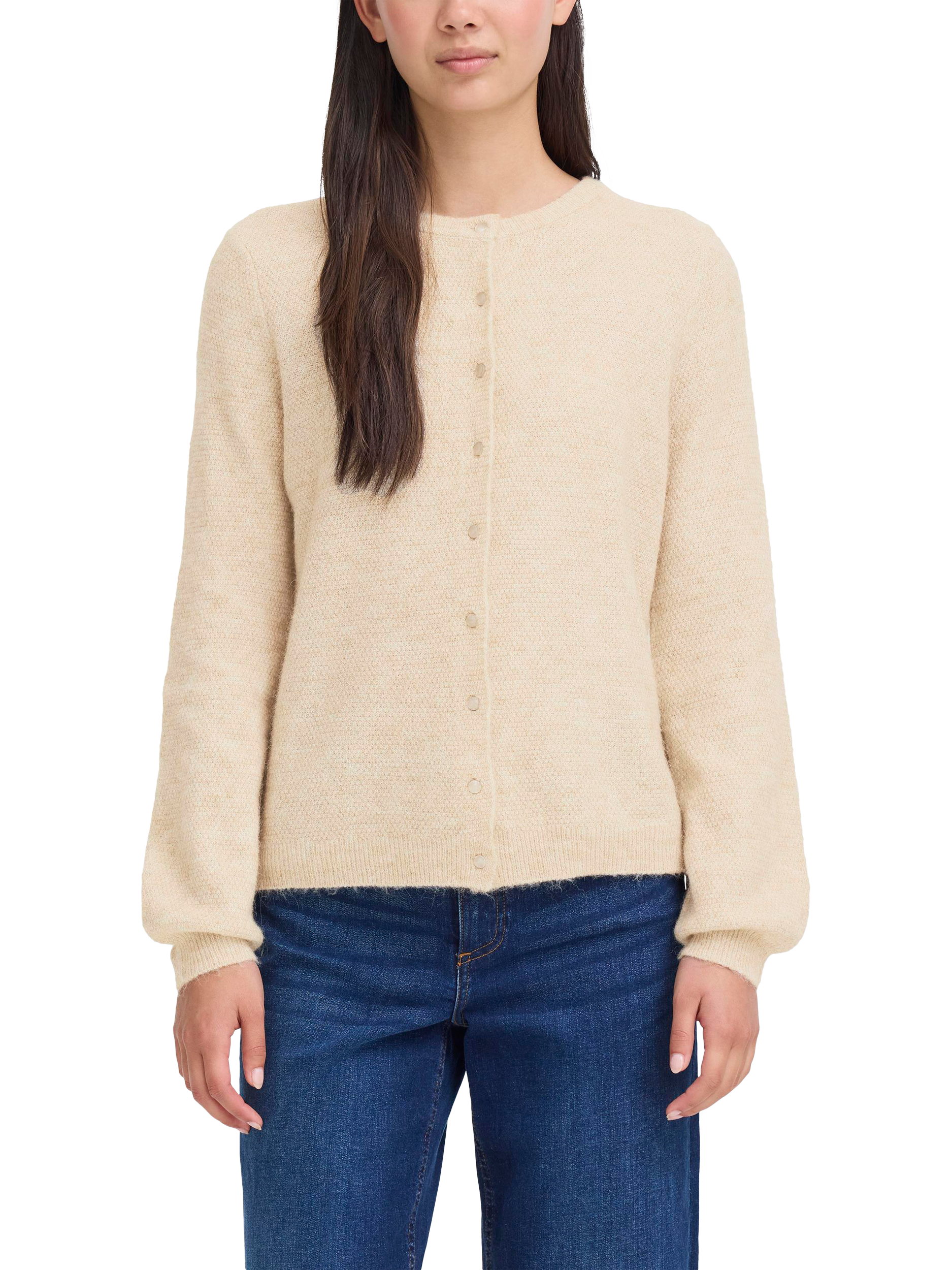 Product image 1 of 7, which shows ICHI Asdis Round Neck Wool Blend Cardigan, Oatmeal Melange, XS