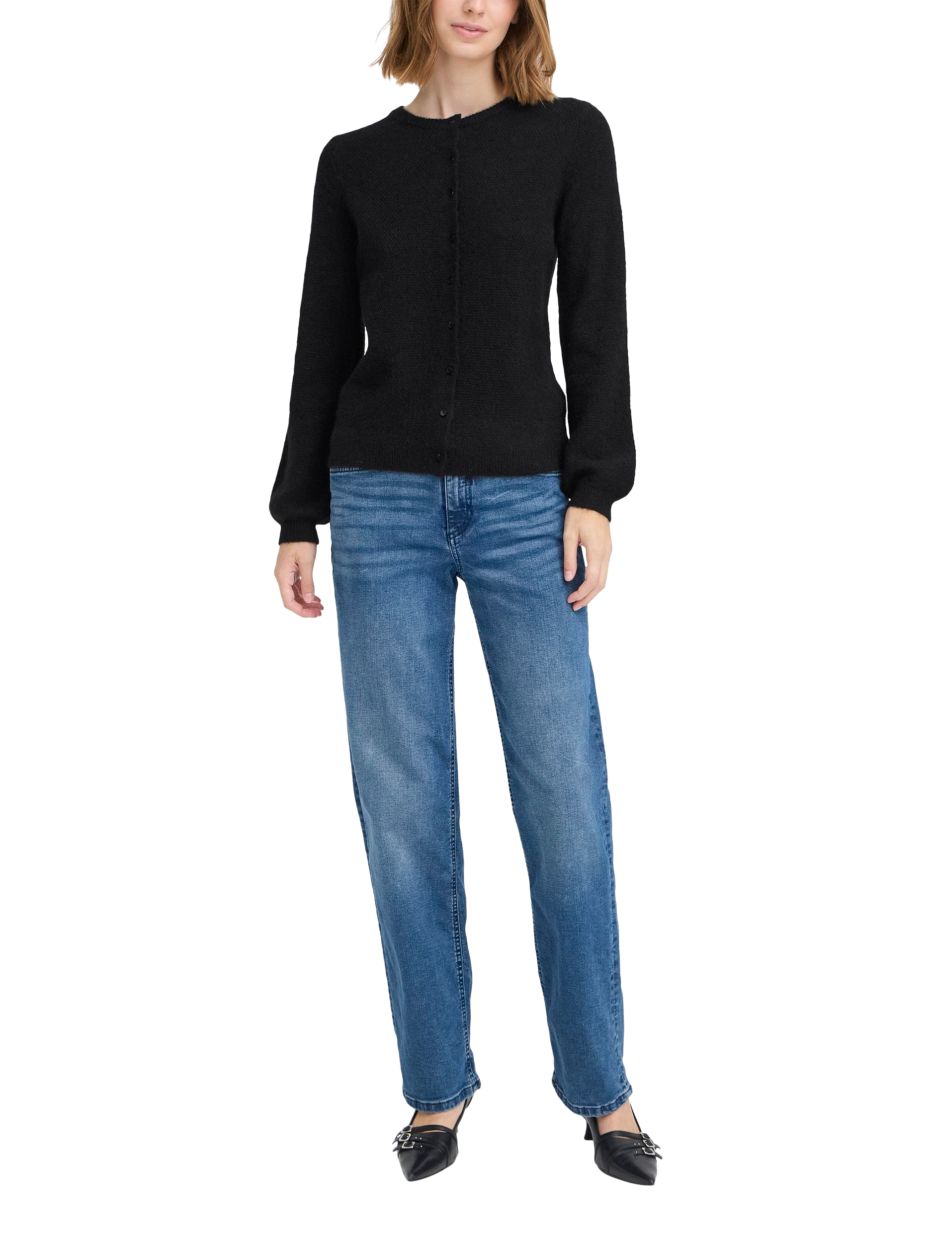 Product image 3 of 7, which shows ICHI Asdis Crew Neck Buttoned Cardigan, Black, S