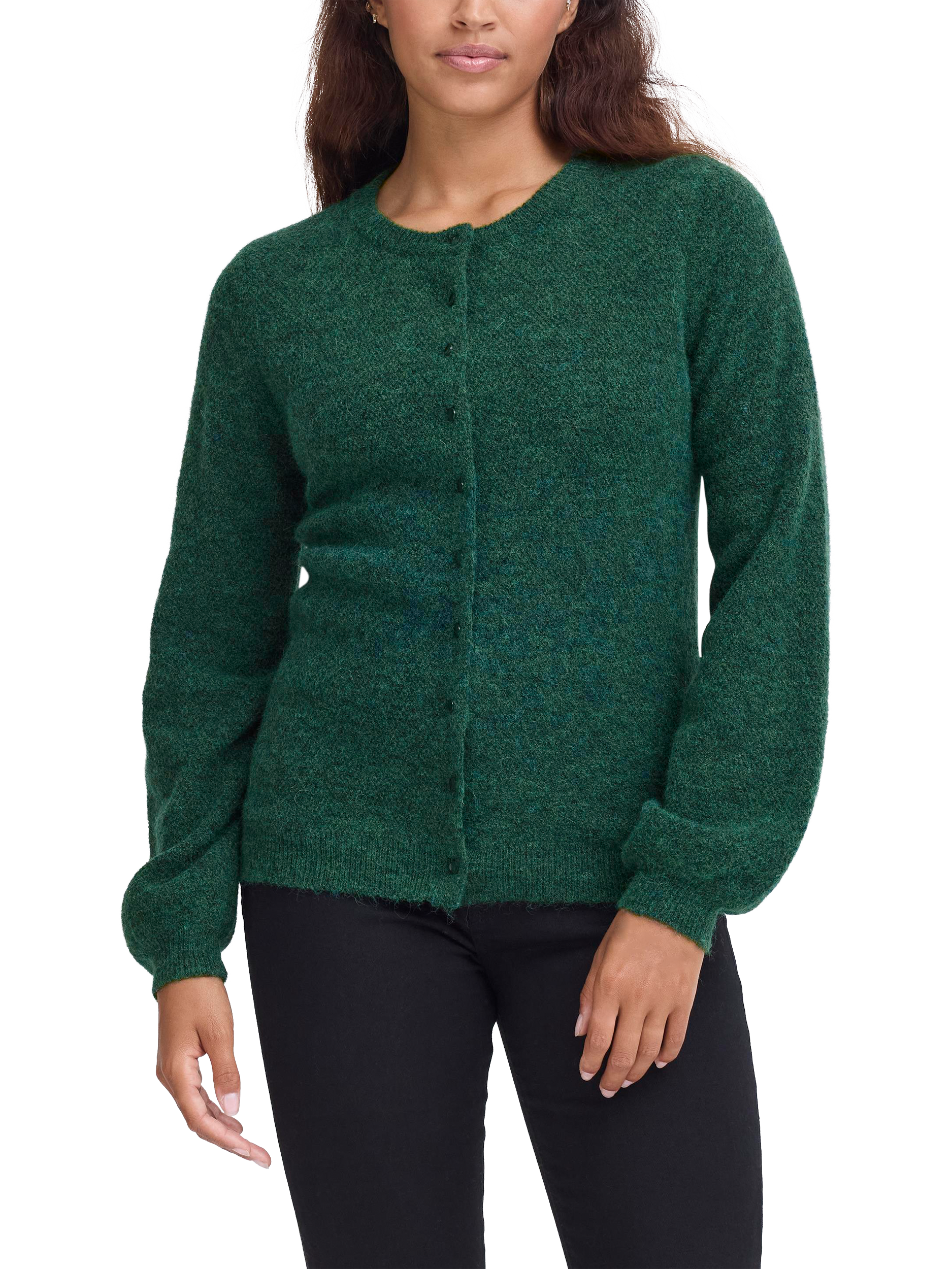 Product image 1 of 7, which shows ICHI Asdis Round Neck Wool Blend Cardigan, Pineneedle, XS