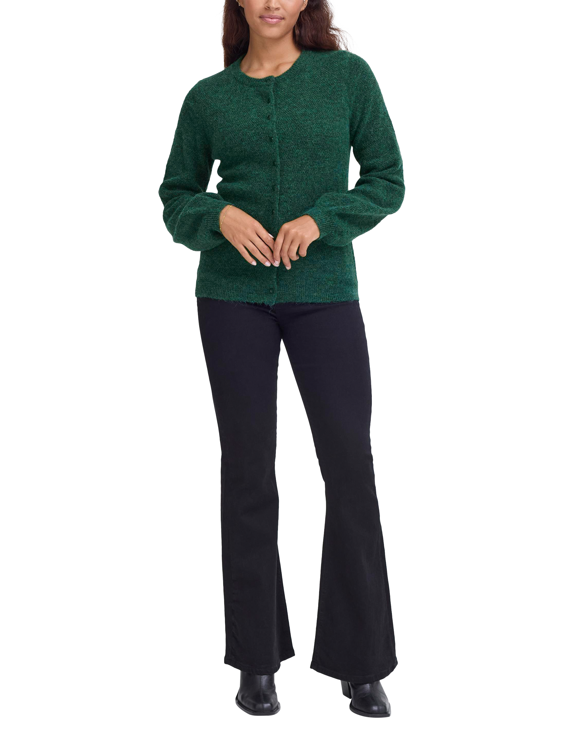 Product image 3 of 7, which shows ICHI Asdis Round Neck Wool Blend Cardigan, Pineneedle, XS