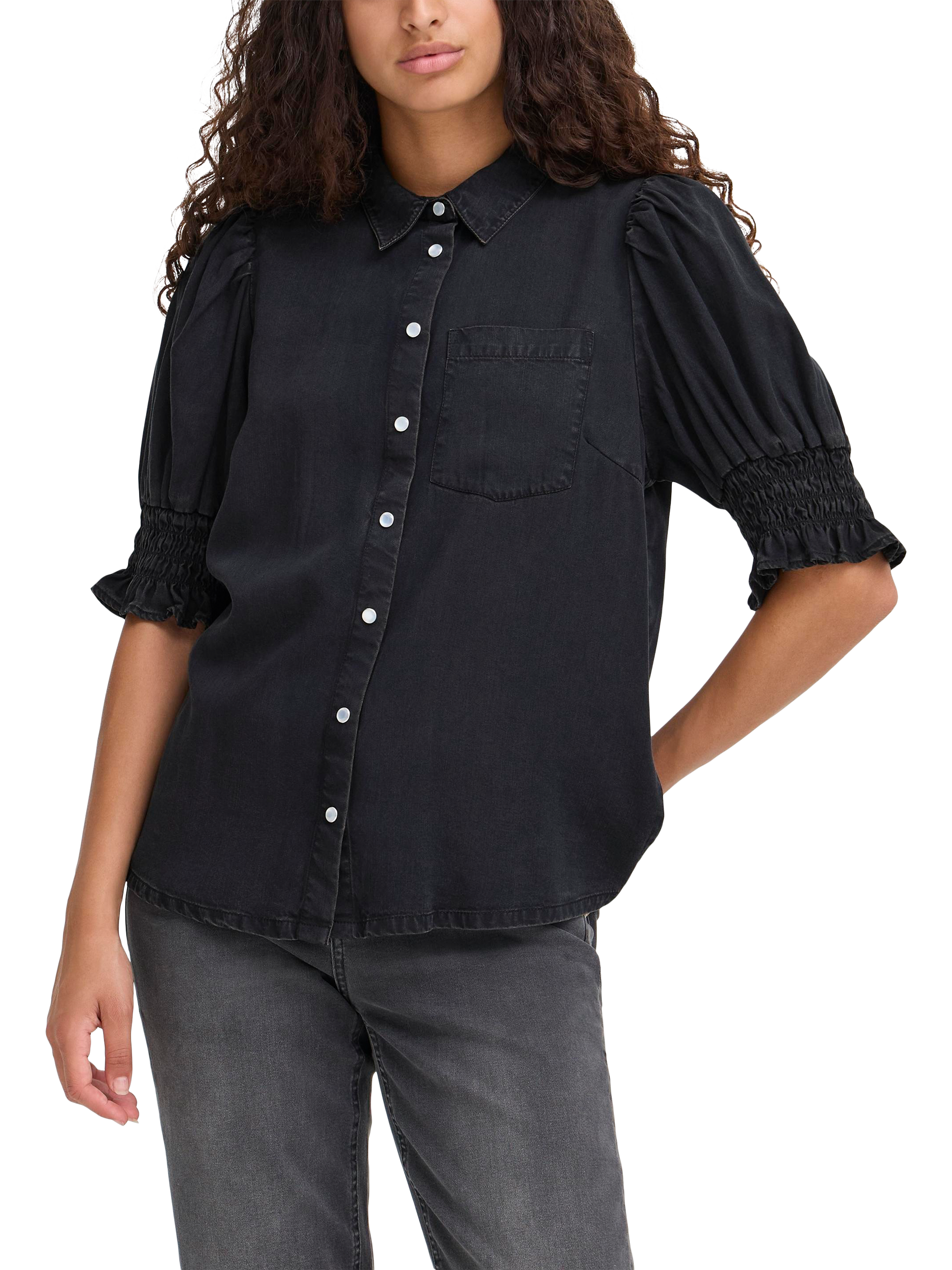 Product image 1 of 7, which shows ICHI Borgie Puff Sleeve Shirt , Washed Black, 8