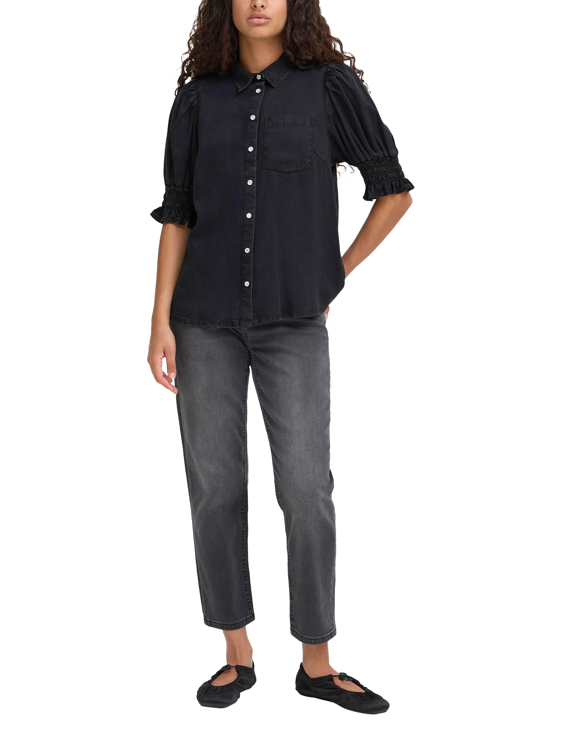 Product image 3 of 7, which shows ICHI Borgie Puff Sleeve Shirt , Washed Black, 8