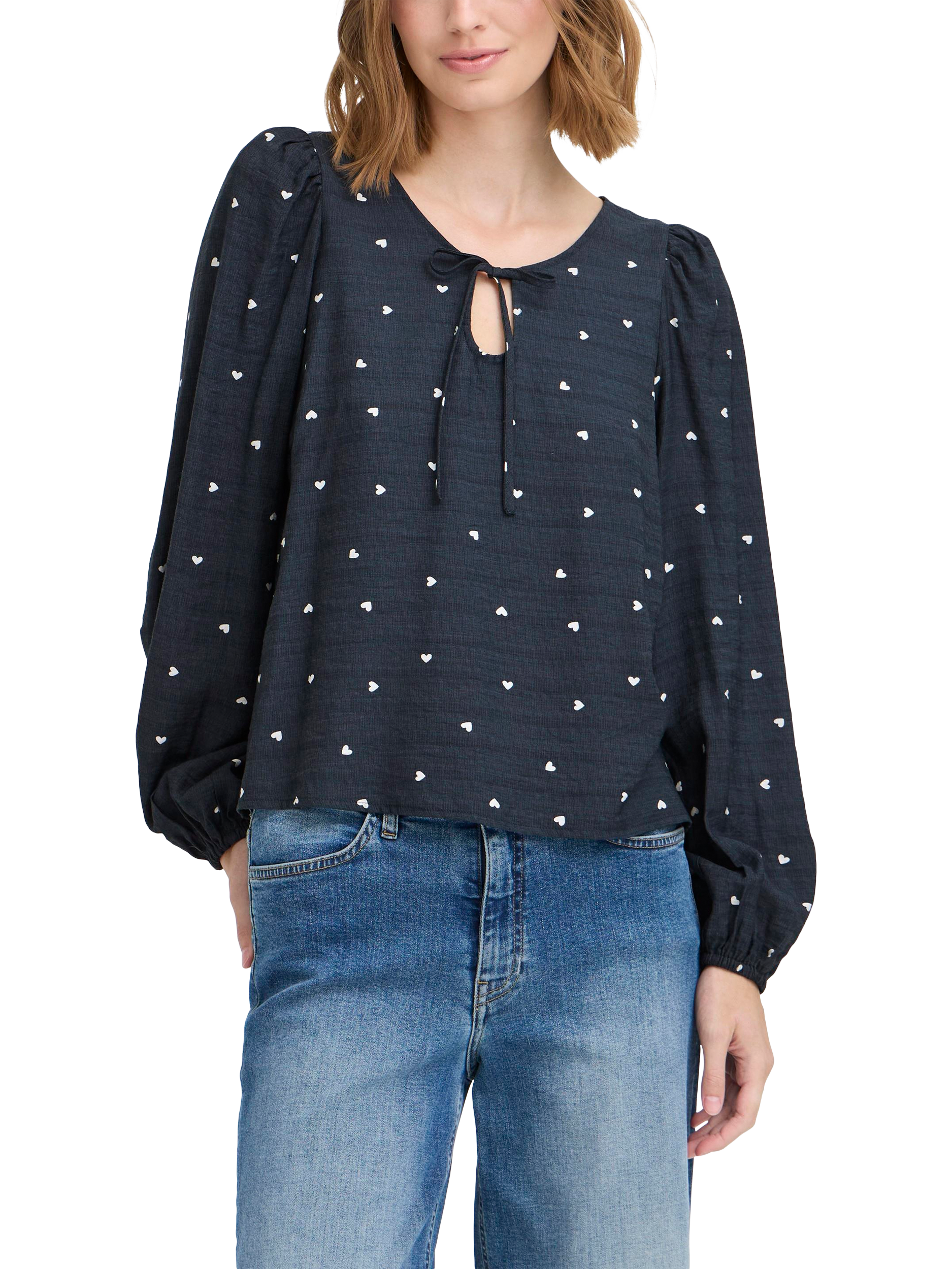 Product image 1 of 7, which shows ICHI Helva Heart Long Sleeve Round Neck Blouse, Blue/White, 8