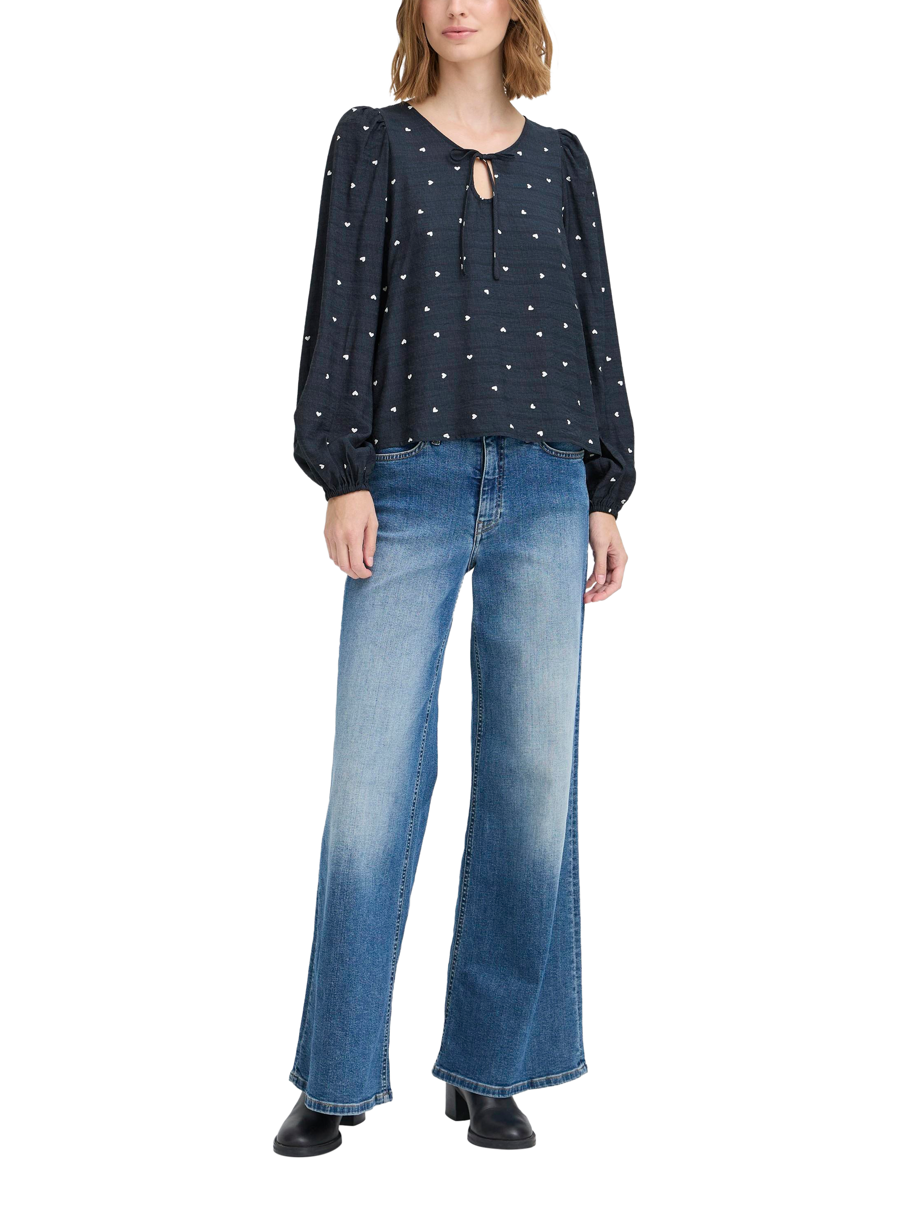 Product image 3 of 7, which shows ICHI Helva Heart Long Sleeve Round Neck Blouse, Blue/White, 8