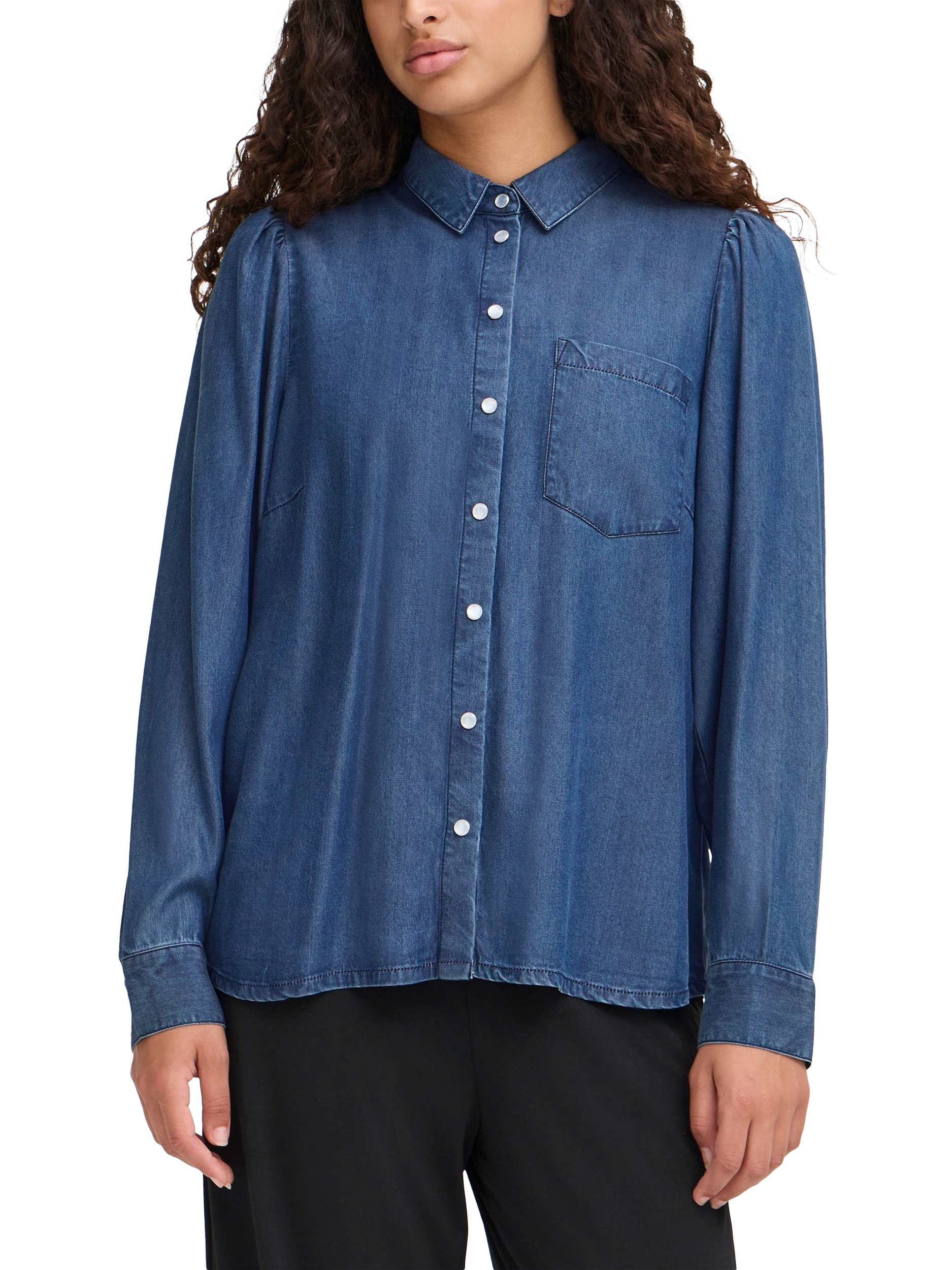 Product image 1 of 7, which shows ICHI Borgie Collared Long Sleeve Shirt, Washed Dark Blue, 8
