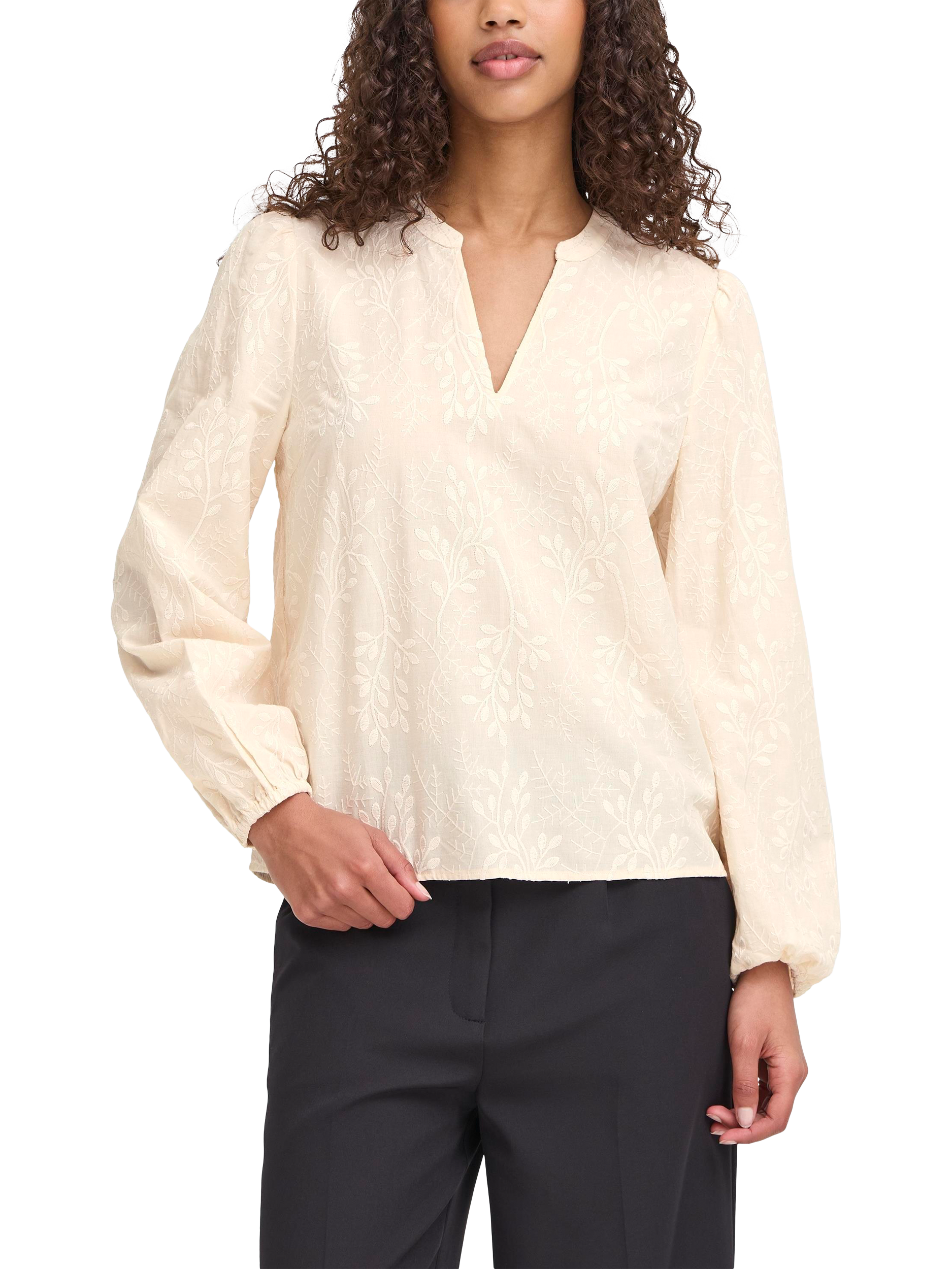 Product image 1 of 7, which shows ICHI Gariva Cotton Long Sleeve V Neck Blouse, Birch, 8