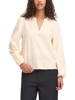 ICHI Gariva Cotton Long Sleeve V Neck Blouse, Birch
