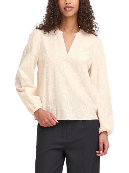 ICHI Gariva Cotton Long Sleeve V Neck Blouse, Birch