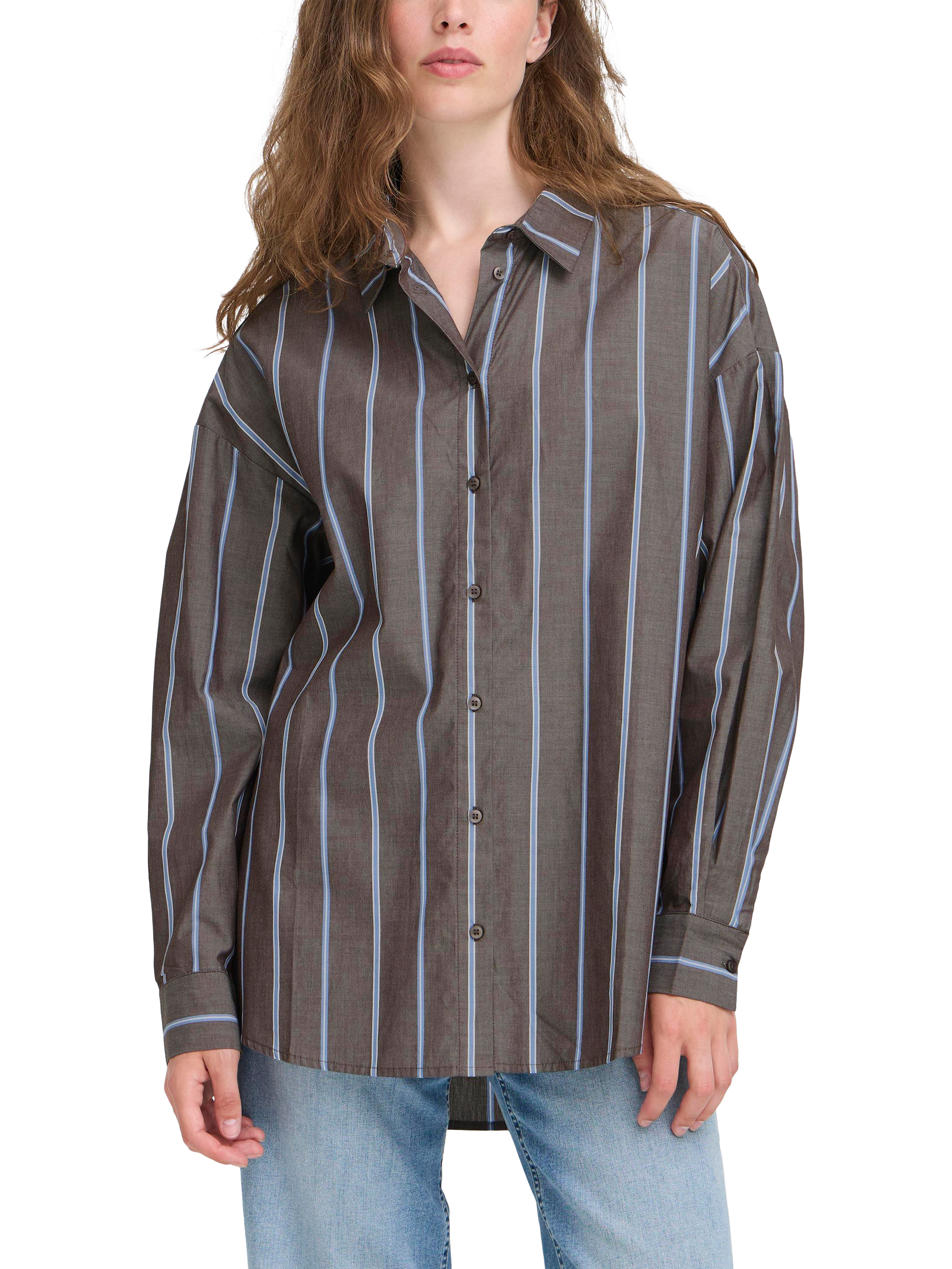 Product image 1 of 7, which shows ICHI Sadia Striped Cotton Blouse, Brown/Multi, 8