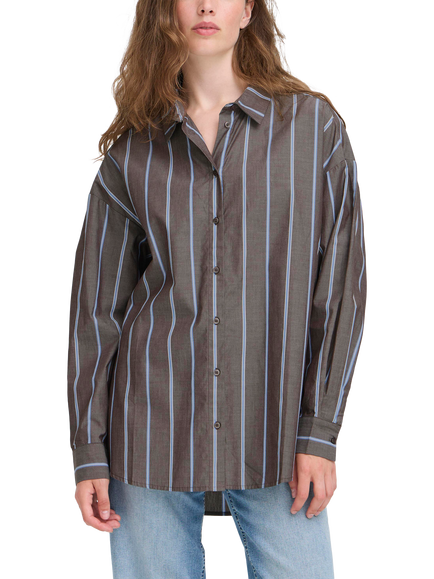 ICHI Sadia Striped Cotton Blouse, Brown/Multi