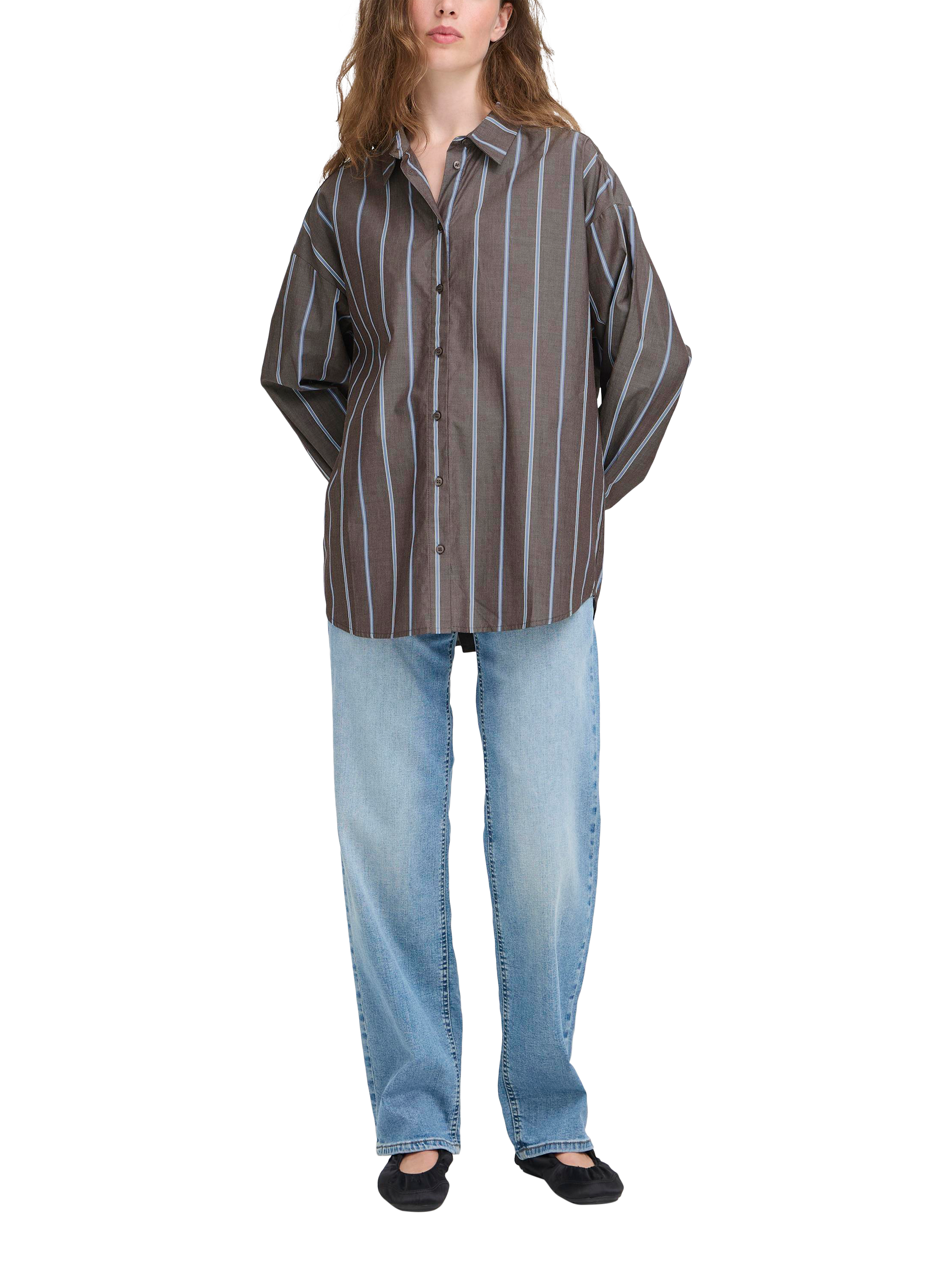 Product image 3 of 7, which shows ICHI Sadia Striped Cotton Blouse, Brown/Multi, 8