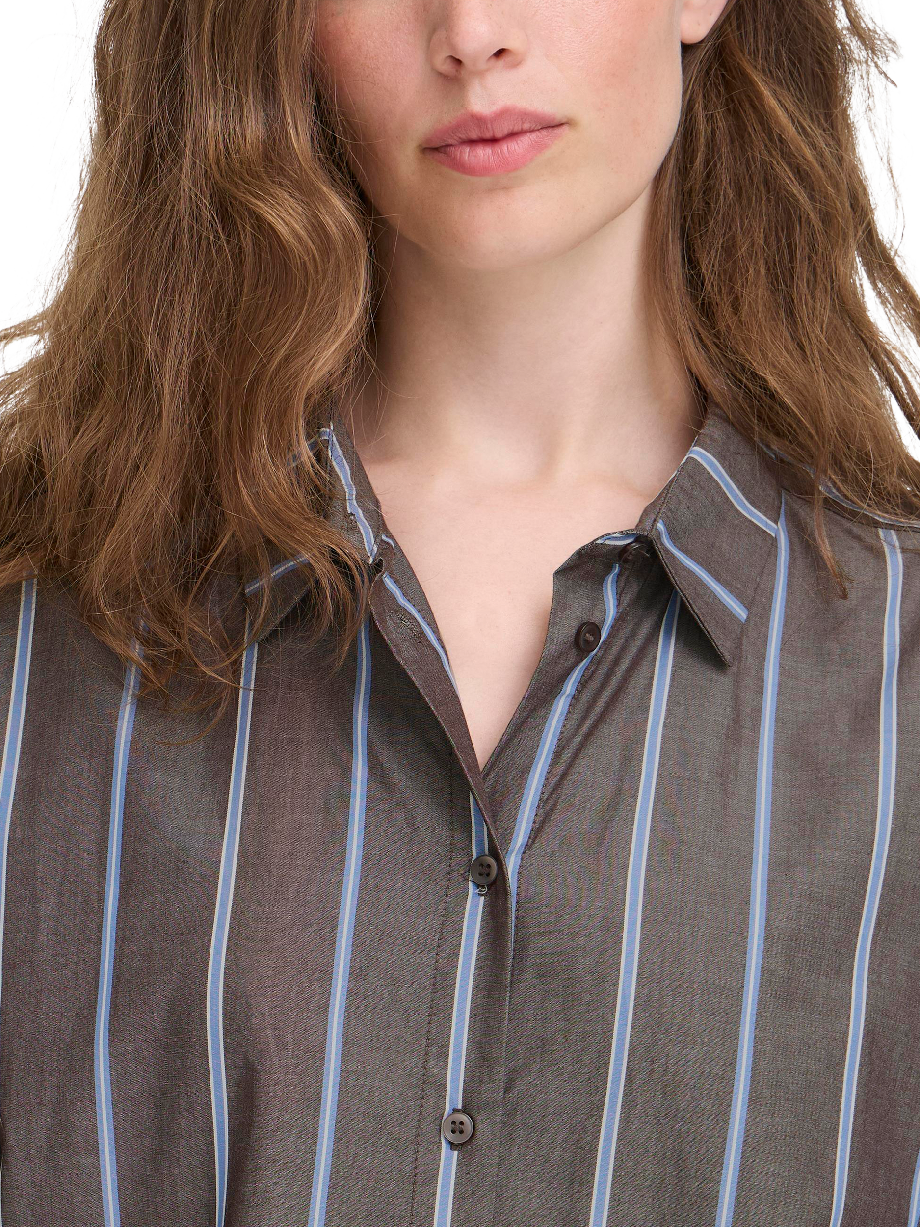 Product image 4 of 7, which shows ICHI Sadia Striped Cotton Blouse, Brown/Multi, 8