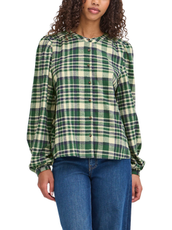 ICHI Tamanna Cotton Check Long Sleeve Round Neck Blouse, Pineneedle