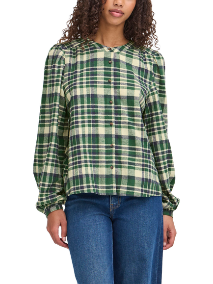 ICHI Tamanna Cotton Check Long Sleeve Round Neck Blouse, Pineneedle