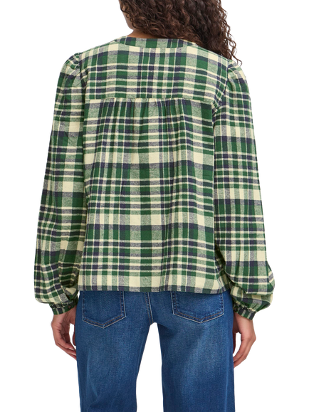 ICHI Tamanna Cotton Check Long Sleeve Round Neck Blouse - view 2, Pineneedle